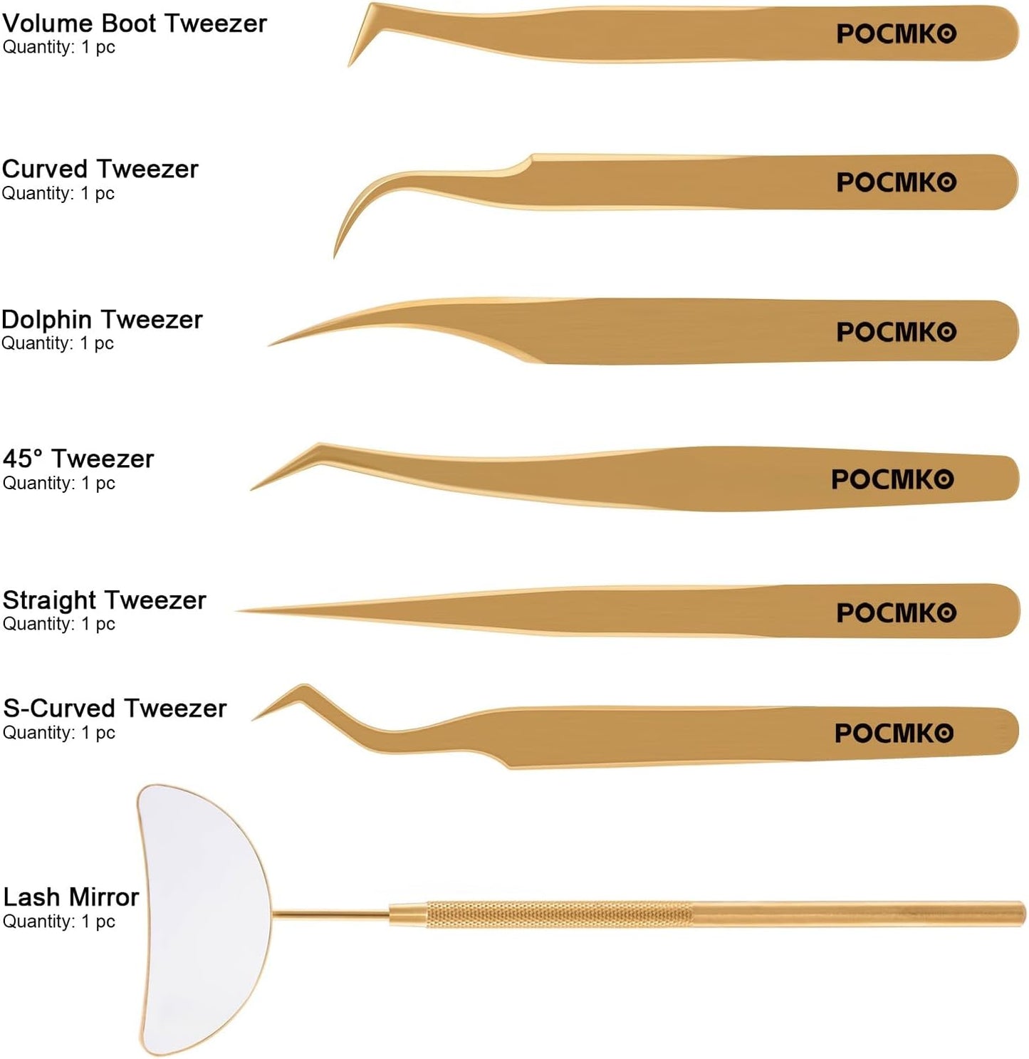 Lash Tweezers for Eyelash Extensions, Professional Eyelash Tweezer Set, Lash Extension Tweezer Kit (Set of 7, Gold)