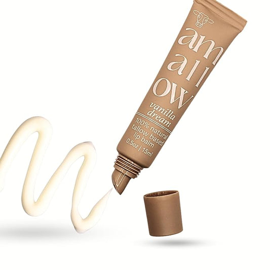 All Natural Tallow Lip Balm Squeezable Tube - Grass Fed/Finished Beef Tallow + Organic Beeswax & Vanilla Essential Oil .5 OZ (Vanilla Dream)