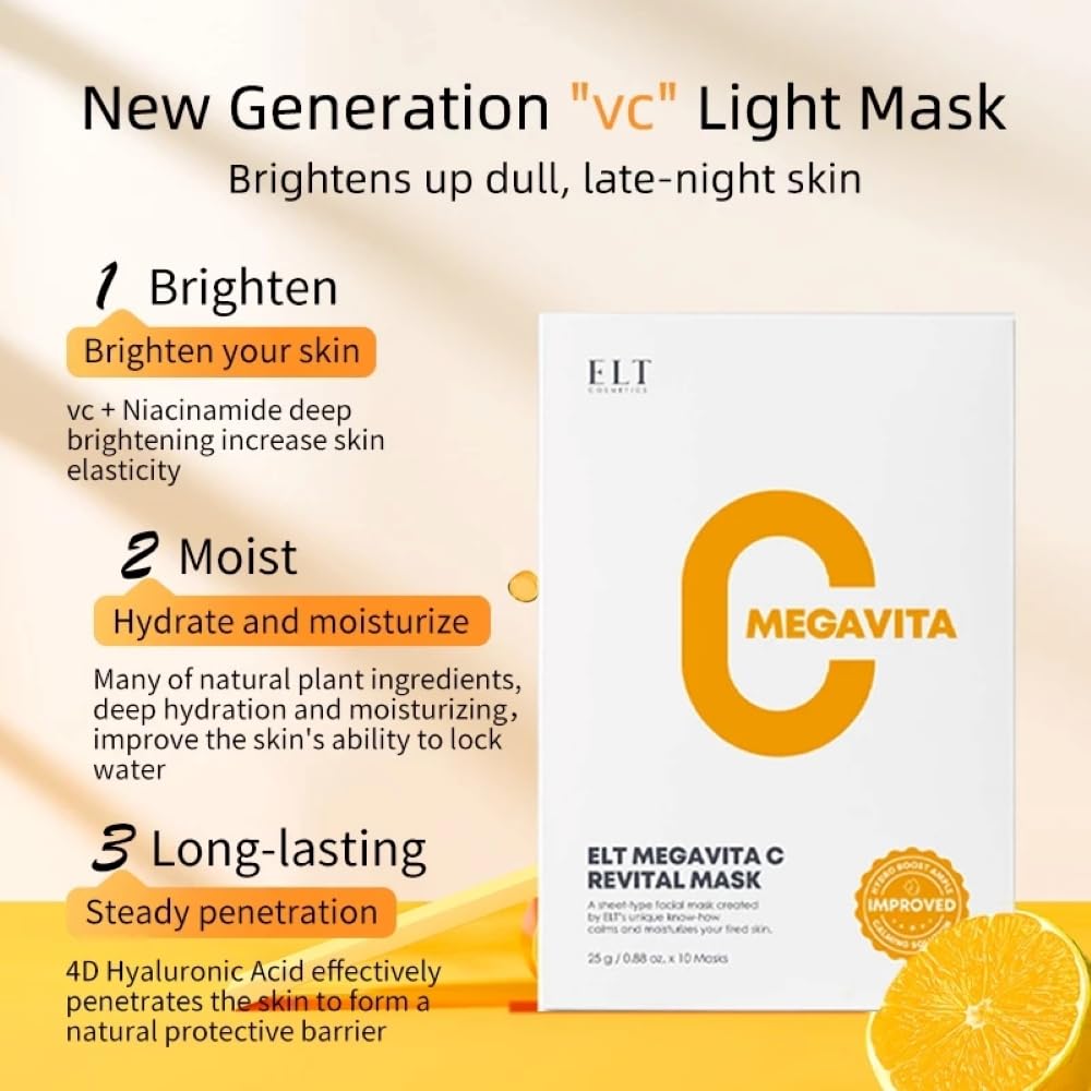 ELT Mega Vitamin C Sheet Mask, (25 g / 0.88 oz.) 10 EA Korean Face Mask, Brightening Sheet Mask, Soothing Facial Mask, Wrinkle Fighting, Deep Collagen Mask, Korean Skin care