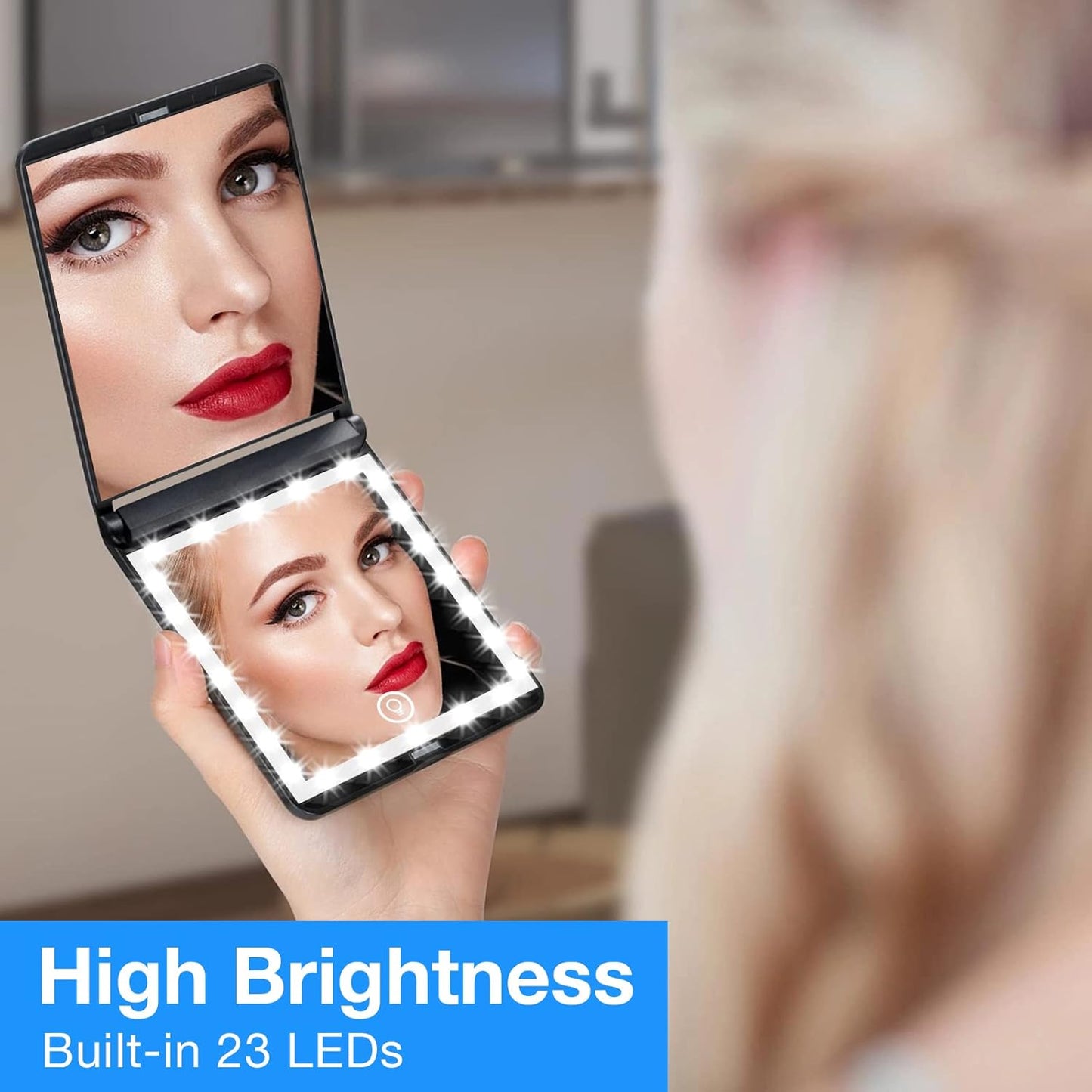 WOBSION Lighted Compact Mirror, Rechargeable Travel Makeup Mirror with Light,1x/3x Magnifying,Folding Portable Mirror,Dimmable,Gifts for Girls,Black