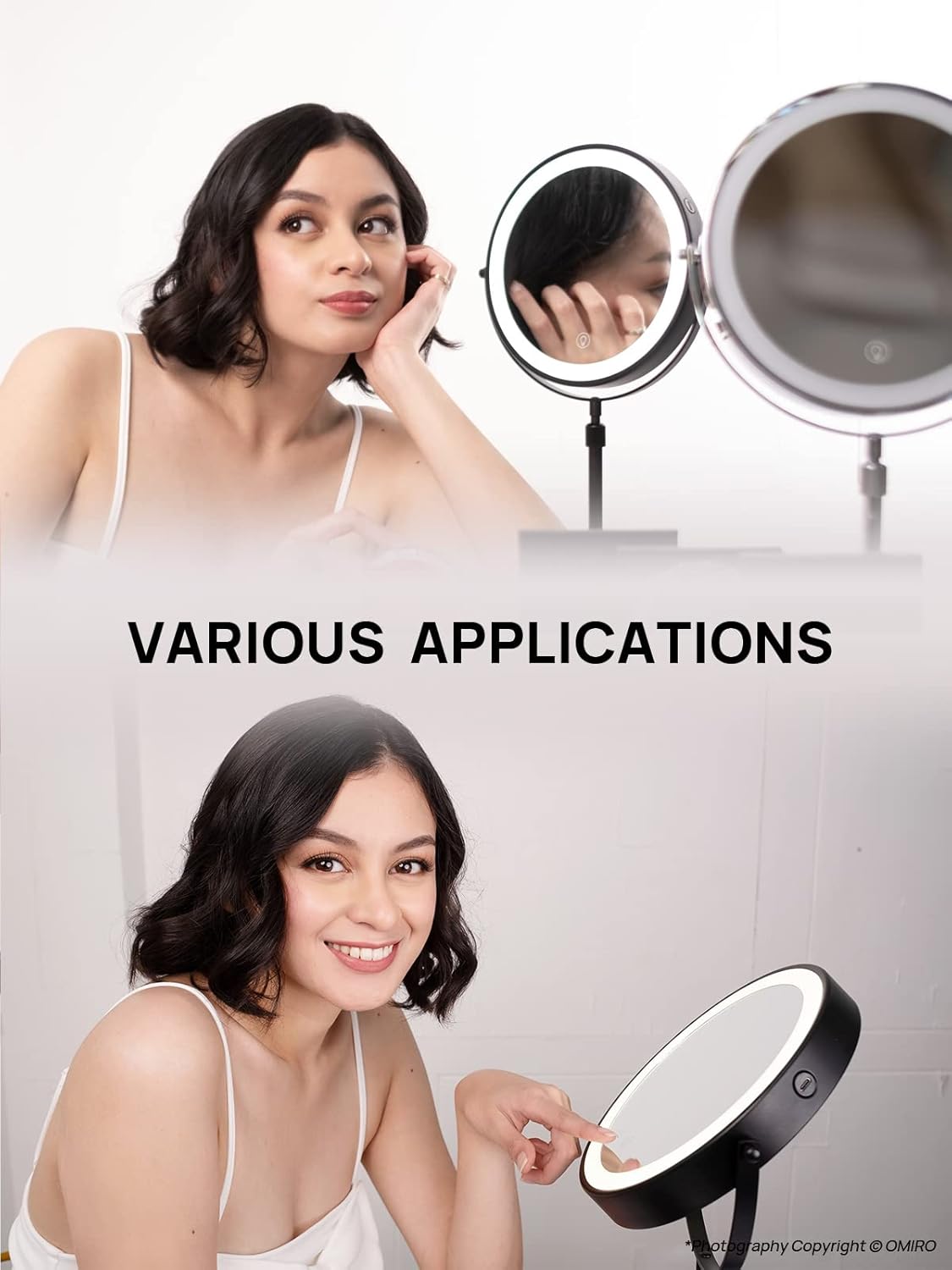 OMIRO 1X/10X Makeup Mirror with Lights,8.5 Inches Double Sided Vanity Mirror with Height-Adjustable Stand,Magnifying Mirror with 3 Color Light (Black)