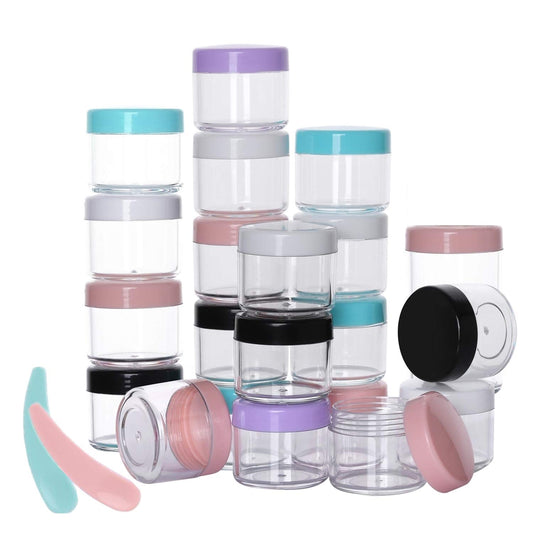 Refillable Cosmetic Sample Jars - 100 Pack 20g (0.7oz) Milti Color Small Travel Containers with Lids + 10 Mini Makeup Spatulas - BPA Free