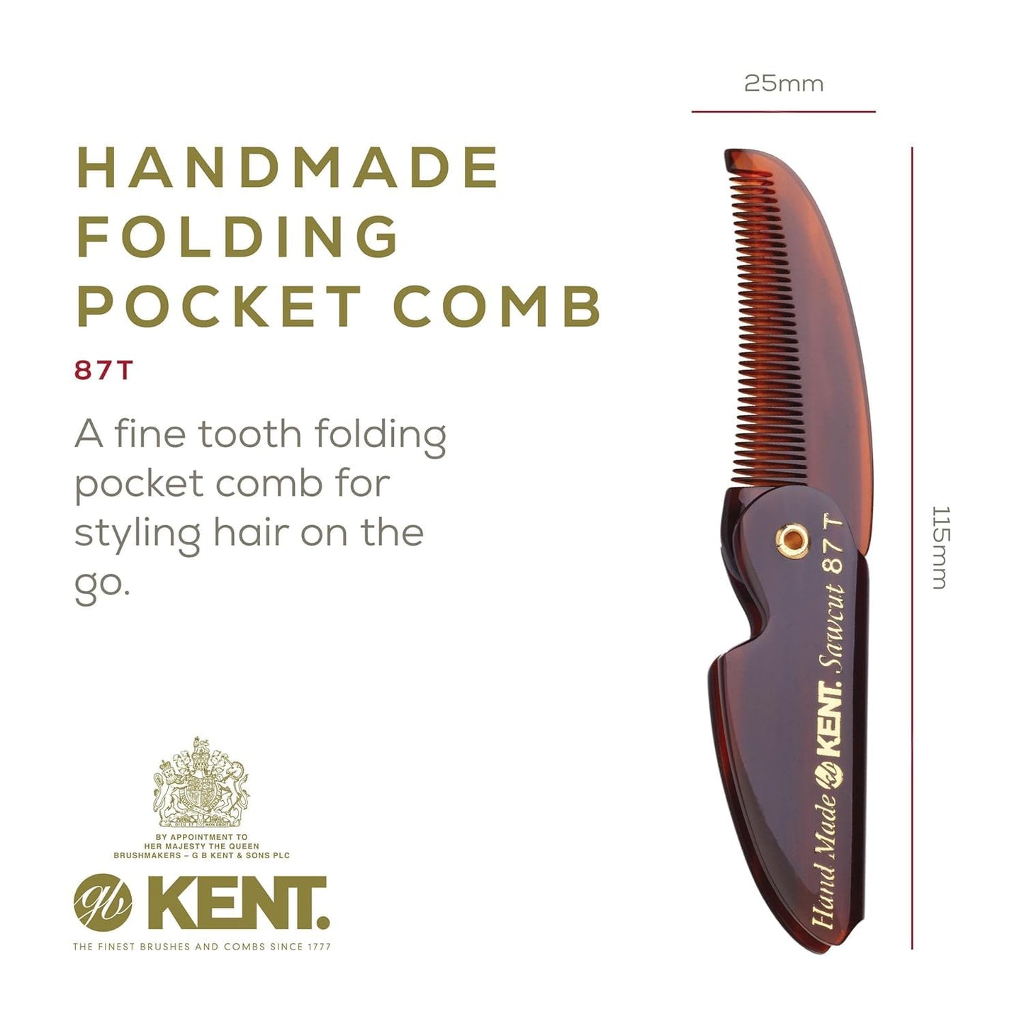Kent 87T Combo Handmade Folding Pocket Comb for Men, Fine Tooth Hair Comb Straightener for Everyday Grooming Styling Hair, Beard or Mustache, Use Wet or Dry, Saw Cut Hand Polished, Made in England