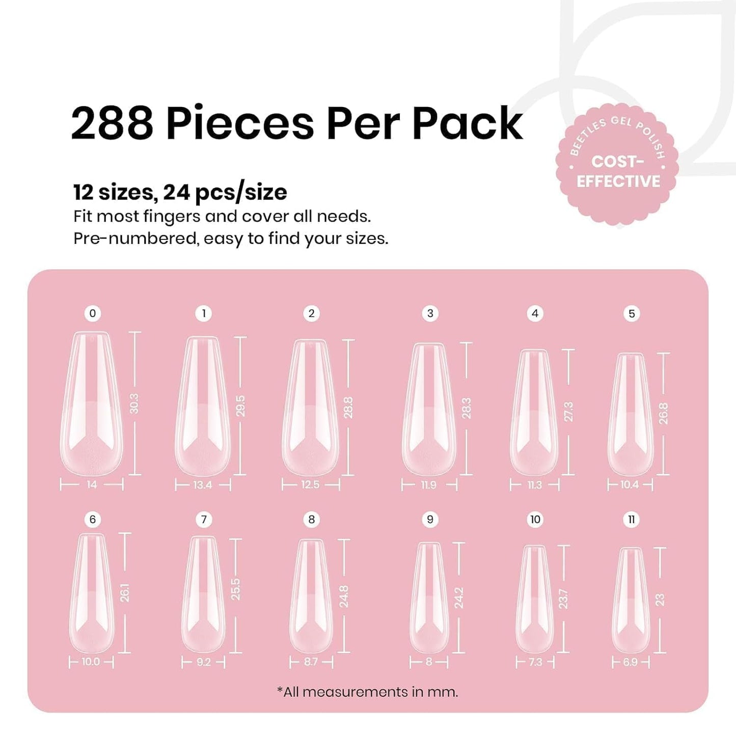 Beetles Coffin Long Gel Nail Tips –Pre-Etched Half Matte Full Cover, 288 Pieces, Pre-Shaped in 12 Sizes for Press-On Extensions
