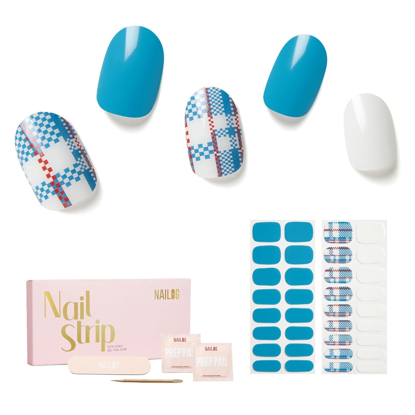 Semi Cured Gel Nail Strips - NAILOG 34 Pcs Gel Nail Stickers Buy 2 Get 1 UV Light | Long Lasting Nail Wraps with Glossy Gel Finish Blue, Azure Mosaic