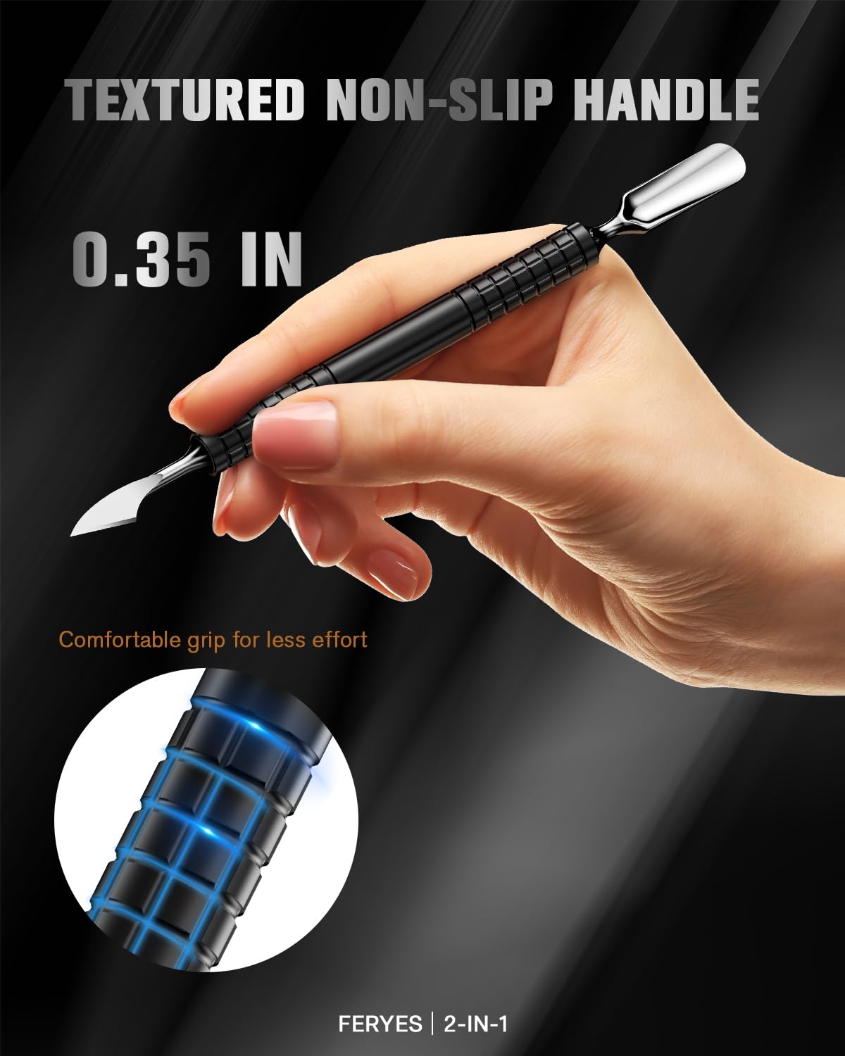 FERYES Upgraded Dual Head Cuticle Pusher Remover Tool - Curved & Chisel Edge Stainless Steel, Ergonomic Non-Slip Handle for Professional Salon & Home Manicure Nail-Black