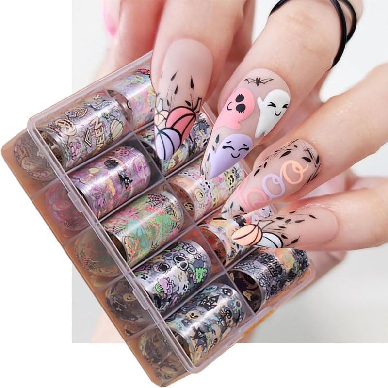 Halloween Nail Foil Transfer Stickers 10 Rolls Pumpkins Skull Nails Stickers Funny Purple Black Bat Nail Foils 1 Box Colorful Starry Sky Paper Nail Decals Halloween Nails Art Sticker Nails Art Decals