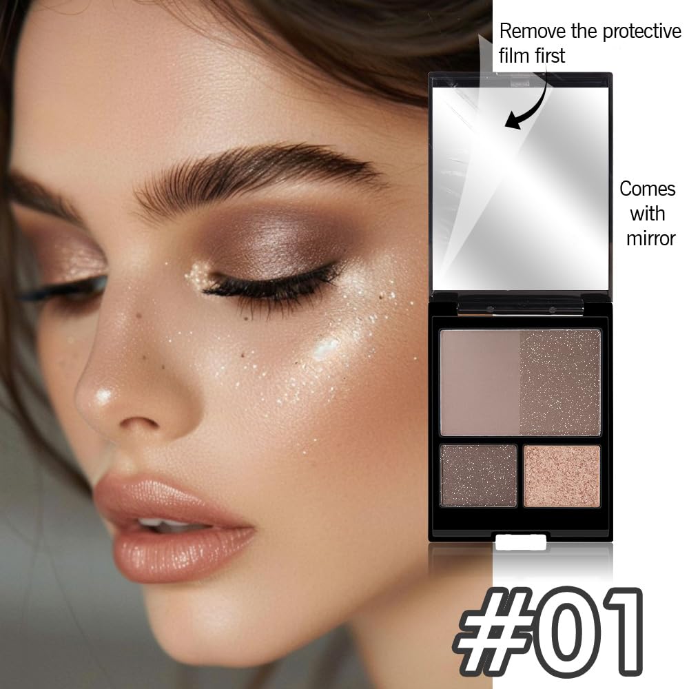 4 Colors Matte Shimmer Eyeshadow Palette for Eye Makeup, Rose Gold Dark Brown Gray Eyeshadow Quads Velvety Pigmented Blendable Matte, Talc-Free
