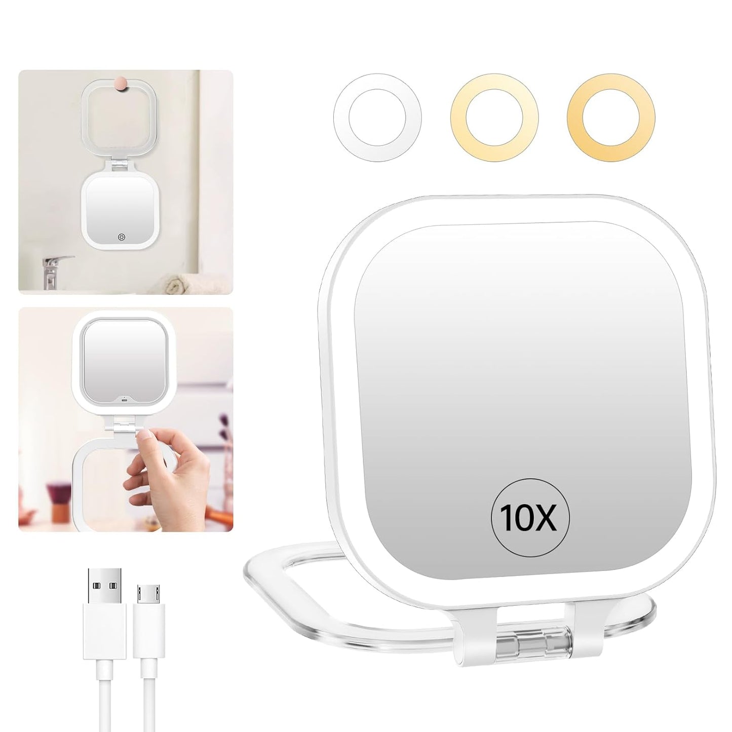 FASCINATE 10X Magnification Compact Travel Makeup Mirror with Lights and Magnification, 3.5 inch Portable 1X/10X Magnifying Mirror with 3 Color Light, Folding, Handheld (White)