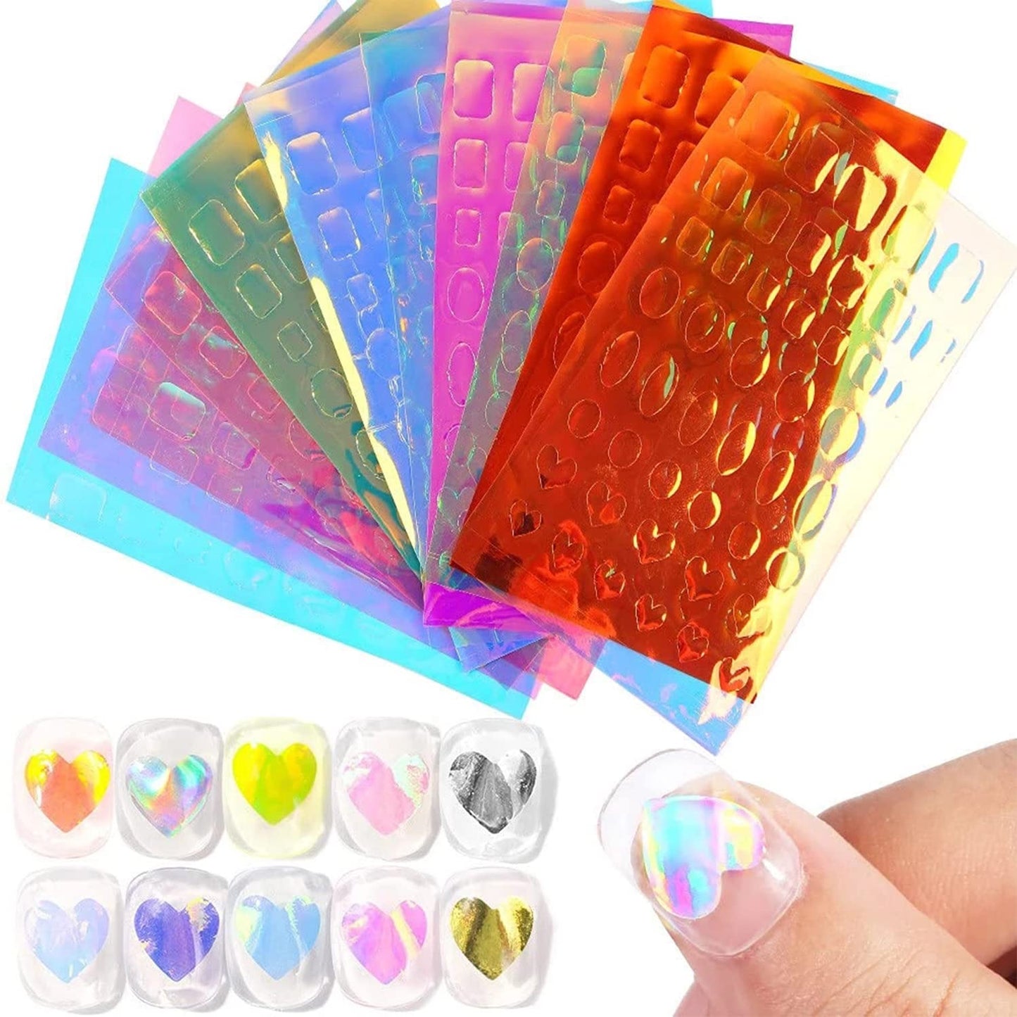 WOKOTO 11 Sheets Aurora Nail Foil Sheets for Women Nail Art, Broken Glass Paper Heart, Oval,and Block Shapes Holographic Nail Film ice-Like Stickers Laser Nail Decals DIY Nail Art Decoration