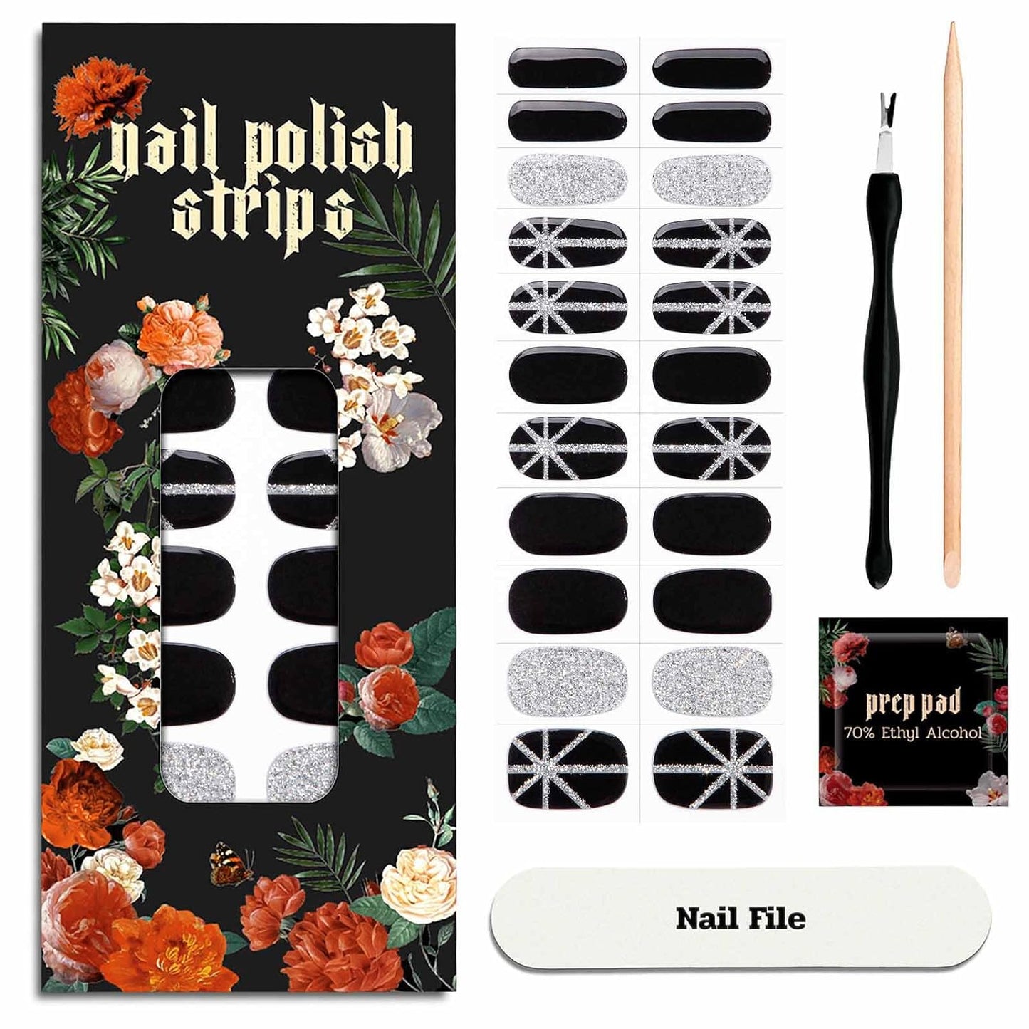 Nail Polish Strips - 22 Pcs Salon Quality Gel Nail Stickers - Long Lasting Wraps (Saint Black Glitter)