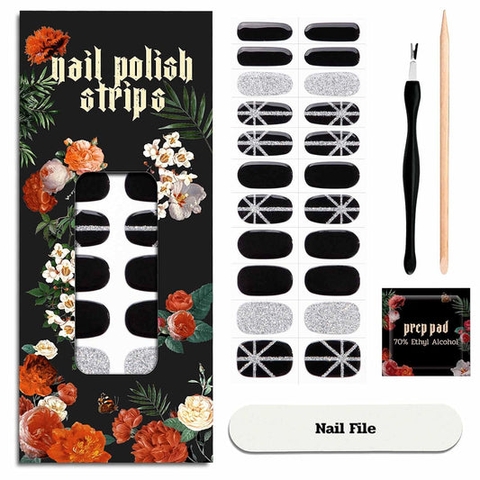 Nail Polish Strips - 22 Pcs Salon Quality Gel Nail Stickers - Long Lasting Wraps (Saint Black Glitter)