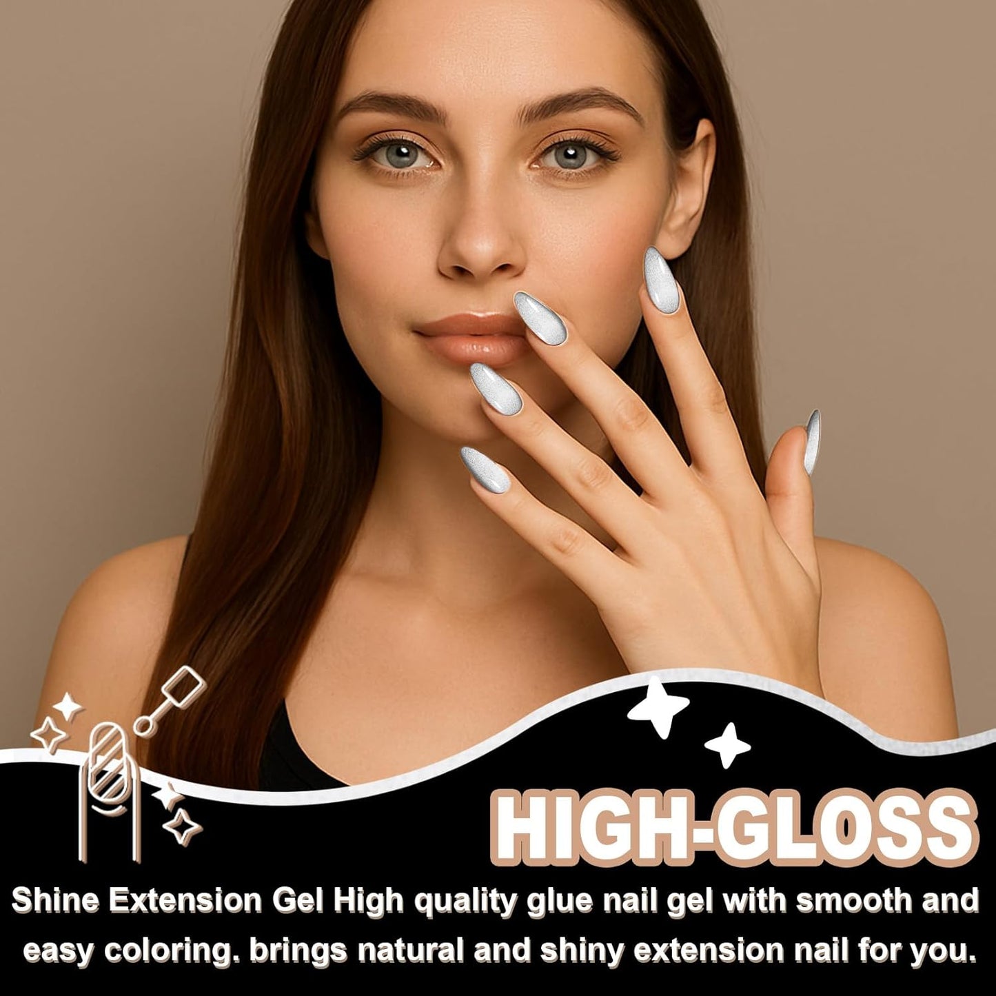 EBANKU Poly Gel 60g, Silver Cat Eye Builder Nail Extension Enhancement Gel for Beginner & Professional Nail Art Salon DIY at Home