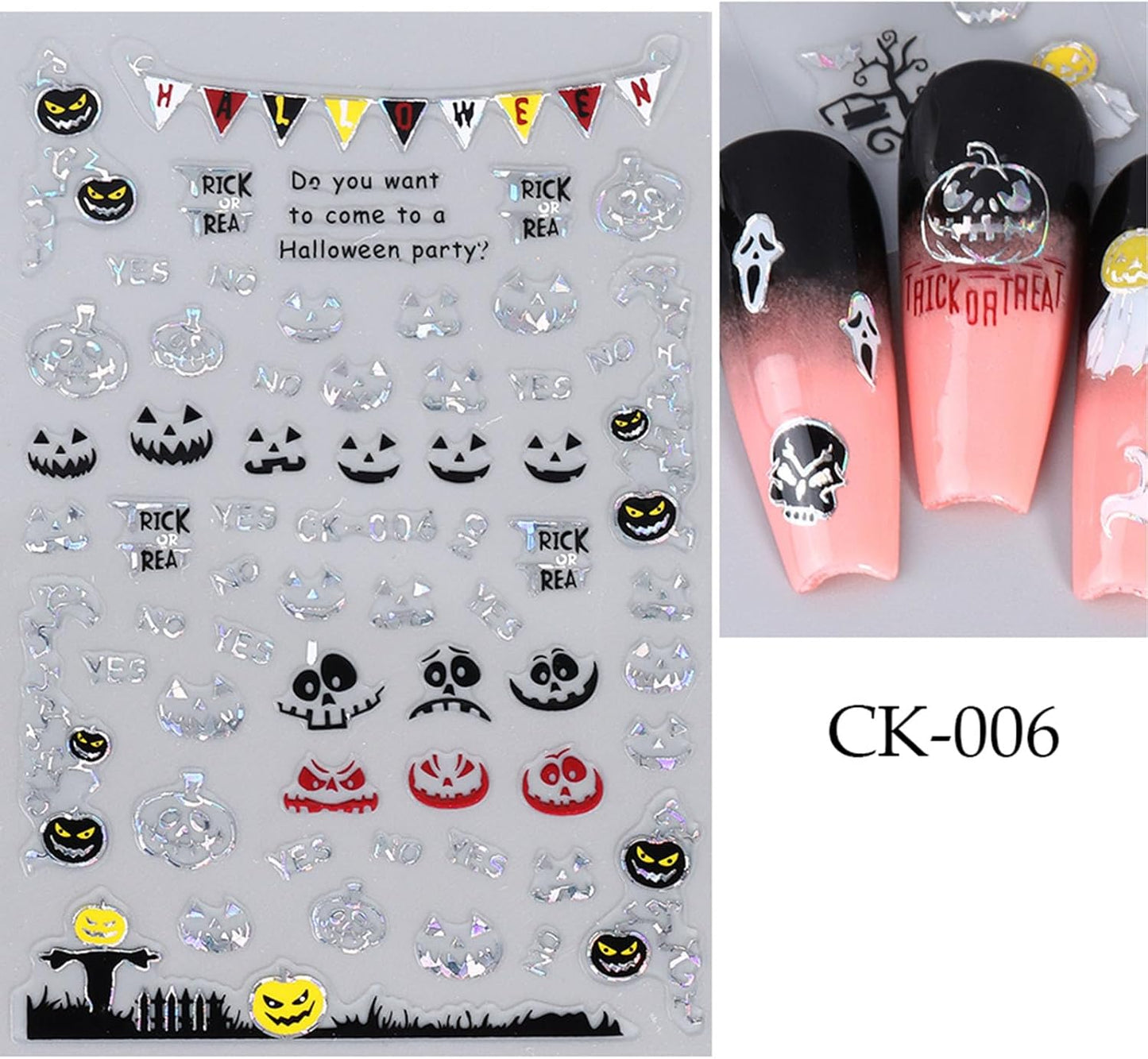 6Pcs Halloween Nail Stickers for Nail Art Cute Ghost Pumpkin Nail Art Stickers Spider Web Skeleton Bat Nails Design Decals Halloween Nail Supplies for Women Girls DIY Manicure