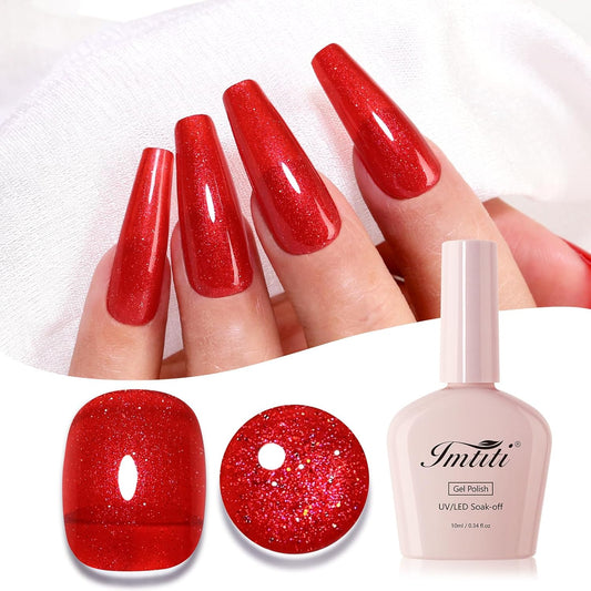 Imtiti Glitter Gel Nail Polish, Christmas Red Iridescent Glitter Gel Polish Diamond Shimmer Sparkle Soak Off UV LED Nail Gel Polish Autumn Winter Gel Polish Manicure Gel Nail Kit 10ML
