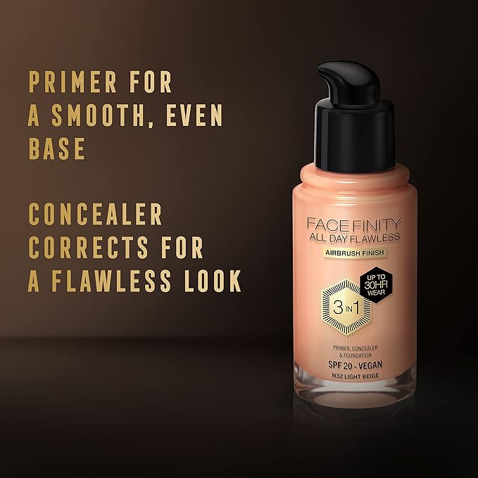 Max Factor Facefinity 3-in-1 All Day Flawless Liquid Foundation, SPF 20-32 Light Beige, 30 ml