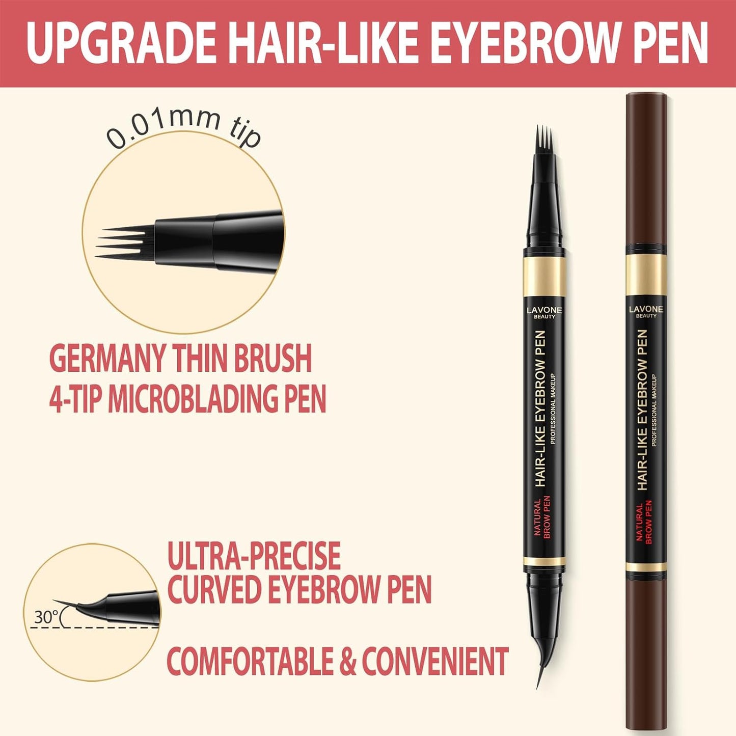 LAVONE Eyebrow Pen, 2-in-1 Eyebrow Pencils for Women with 4 Tip Microblading Eyebrow Pencil and Curved Precise Brow Pencil, Waterproof Eyebrow Pencil Create Full, Natural Hair-Like Brows, Black