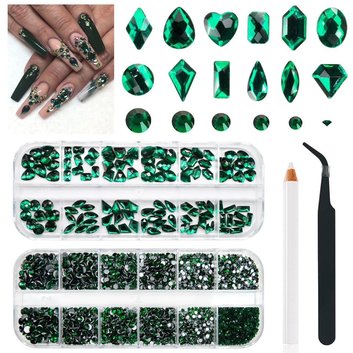 4080Pcs Emerald Green Nail Rhinestones K9 Glass Crystal Flat Back Rhinestones Nail Charms Stones Multi Shapes Big Gems Round Beads Nail Art Diamonds jewels for Nails Face Eyes Makeup Crafts DIY