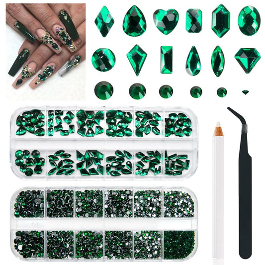 4080Pcs Emerald Green Nail Rhinestones K9 Glass Crystal Flat Back Rhinestones Nail Charms Stones Multi Shapes Big Gems Round Beads Nail Art Diamonds jewels for Nails Face Eyes Makeup Crafts DIY