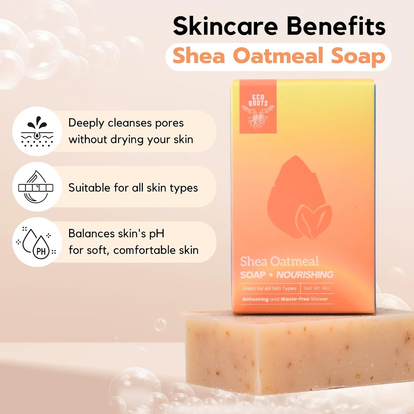 ECO ROOTS 3 Pack Natural Oatmeal Soap Bar – Face & Body Cleansing Bar with Shea Butter & Coconut Oil – Gentle Daily Moisturizing Bars of Soap