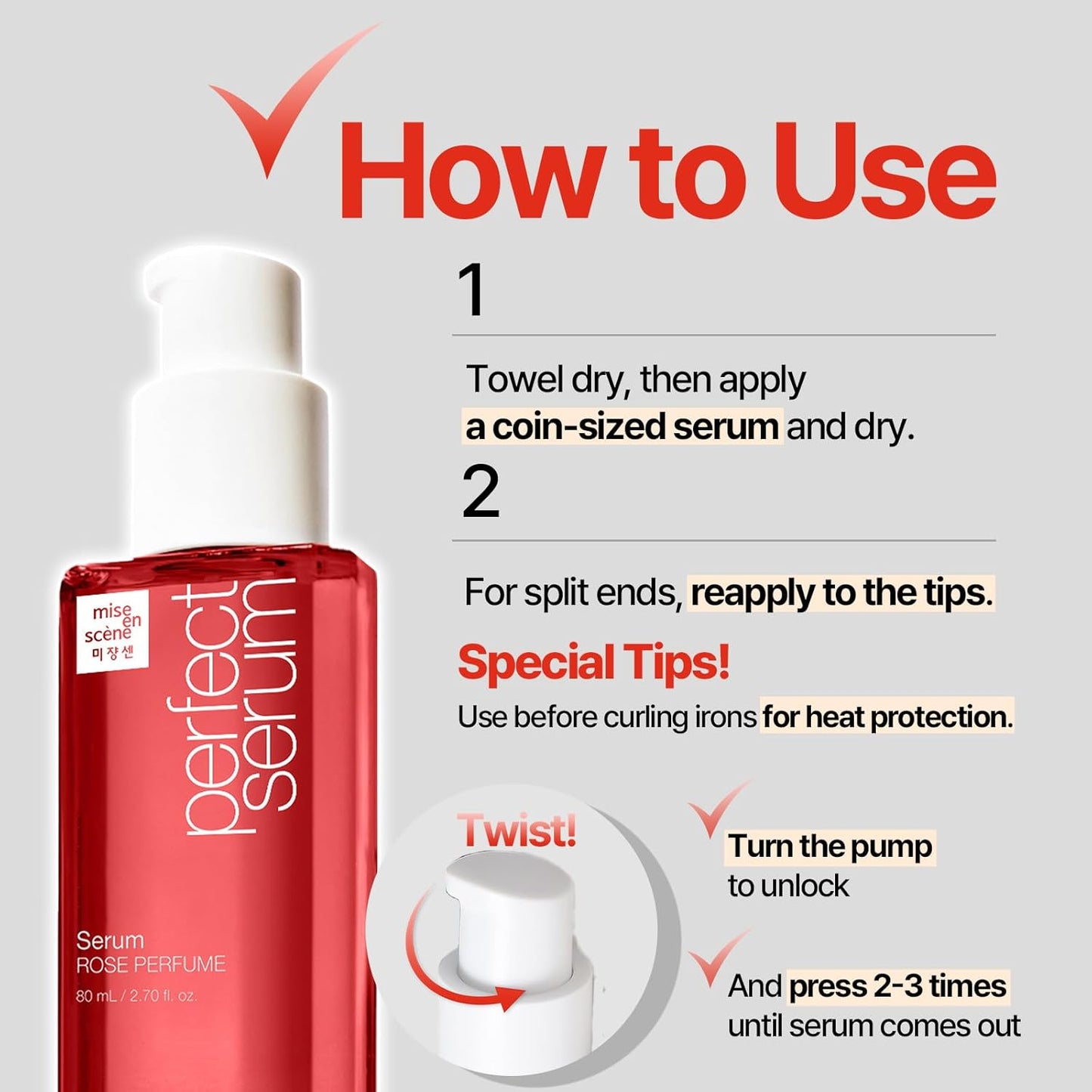 Mise En Scene Perfect Rose Perfume Serum - Korean Hair Essence with Rose Scent, Argan Oil for Damaged Hair Care, 2.70 fl. Oz