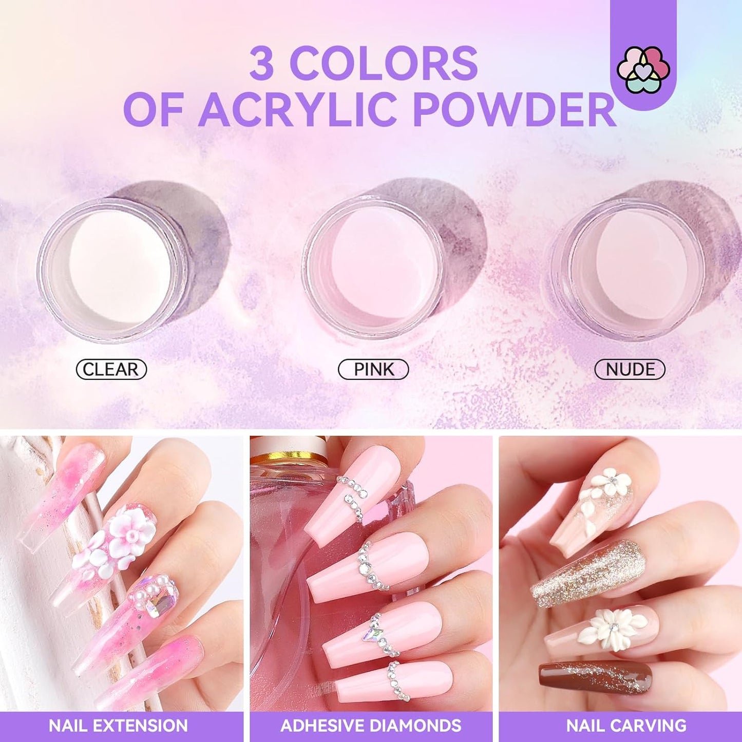 SAVILAND Essentials Acrylic Nail Kit for Beginners: Clear Nudes Pink Acrylic Powder and Liquid Set with #12 Acrylic Nail Brush Cuticle Oil Pen Forms Tools Extension Nail Kit with Everything Home DIY