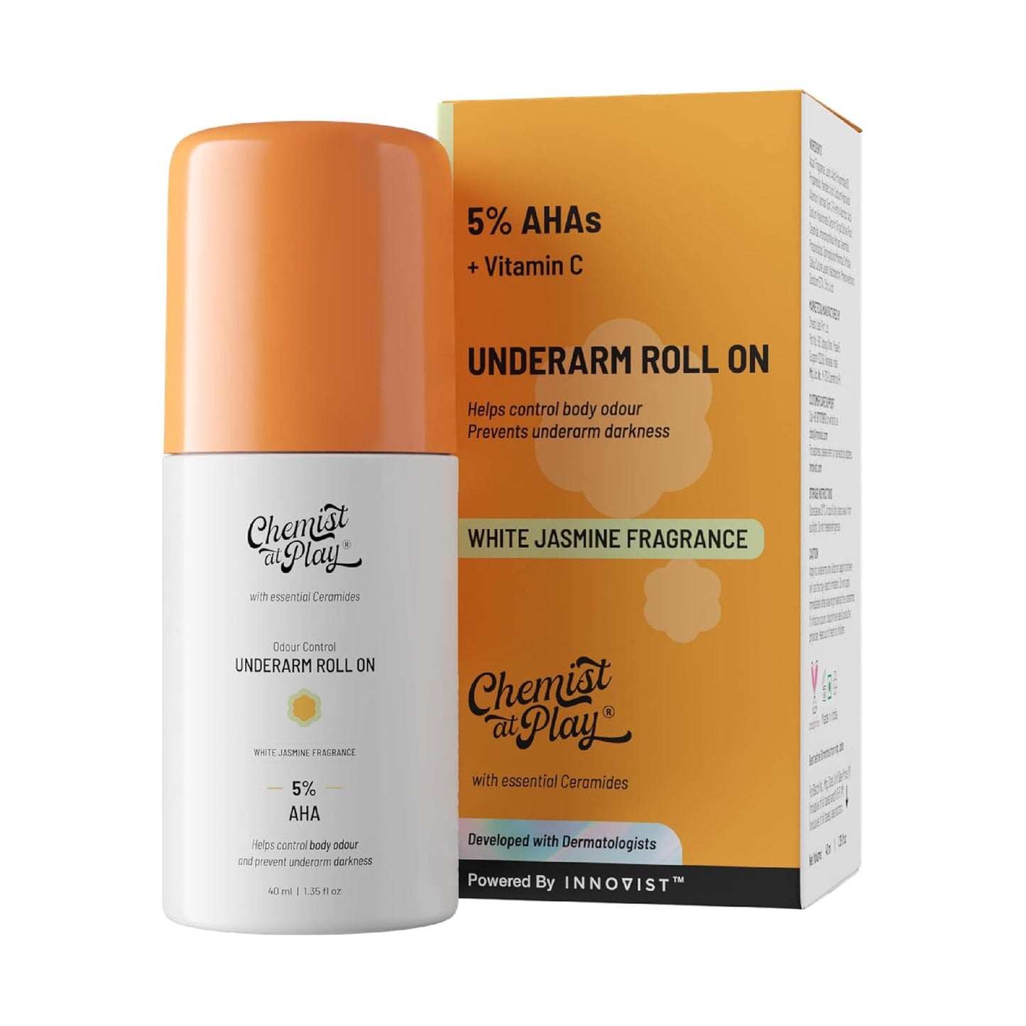 UnderArm Roll-On with 5% AHA|Lactic & Mandelic Acid|Prevents Odour, Brightens Skin & Exfoliates Underarm|For Sensitive Skin|White Jasmine Fragrance|Alcohol & Aluminium Free| 1.35 fl oz