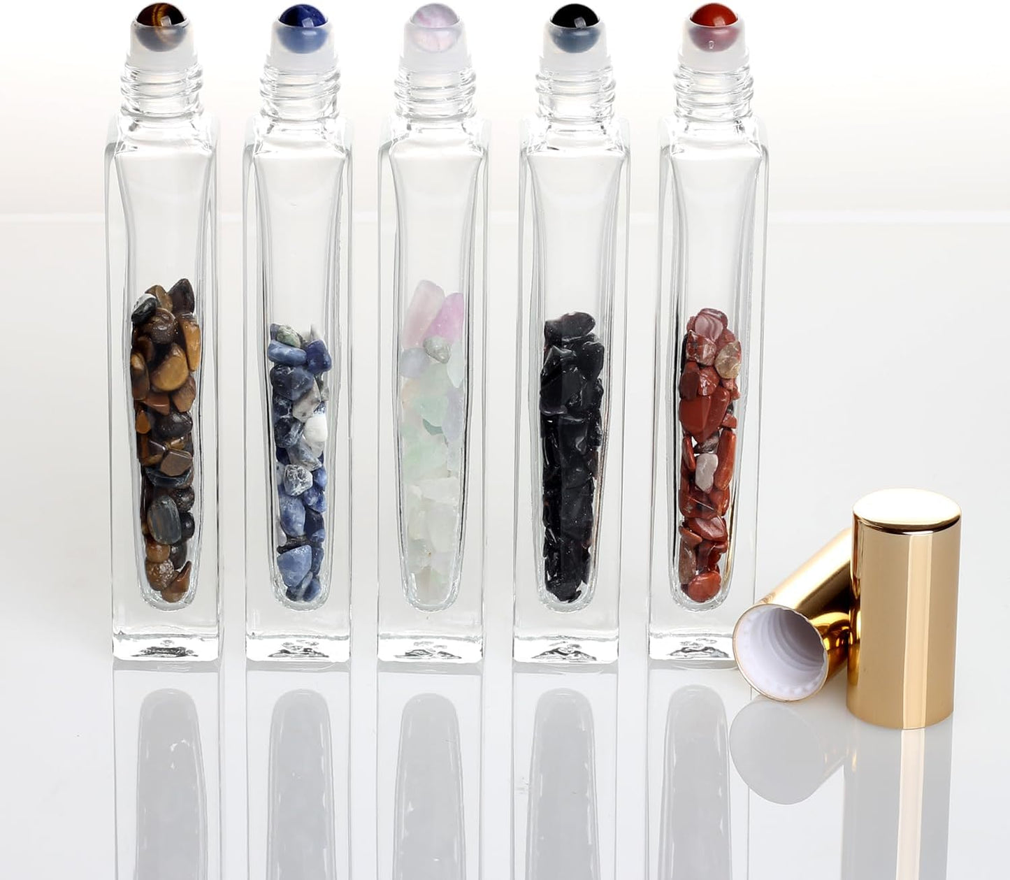 10ml Gemstone Roller Square Bottles Refillable Roll On Bottles Healing Crystal Chips Inside For Perfumes Aromatherapy Oils 5pack