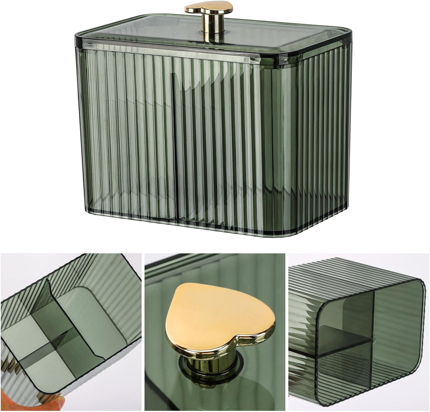 Tbestmax Qtip Holder Dispenser 3-Section Clear Bathroom Organizer Jar 3 Grids Cotton Swab/Pad/Ball Holder Container Cosmetics Storage for Vanity(2 Pack Green)