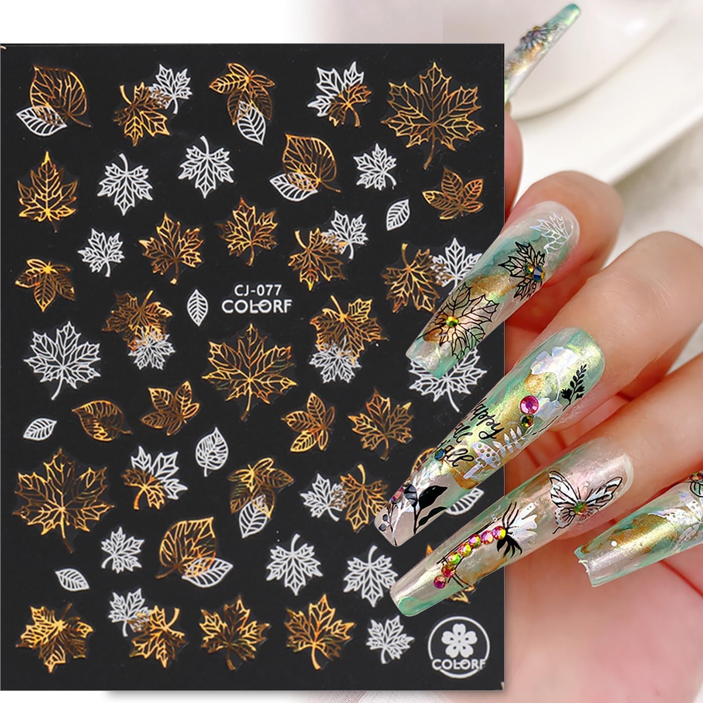 Laser Golden Fall Maple Leaves Nail Art Stickers, Maple Leaves Nail Decals 3D Self-Adhesive with Fan Blade Butterfly Squirrel Flower Design 6Pcs Nail Art Supplies for Women Nail Decoration