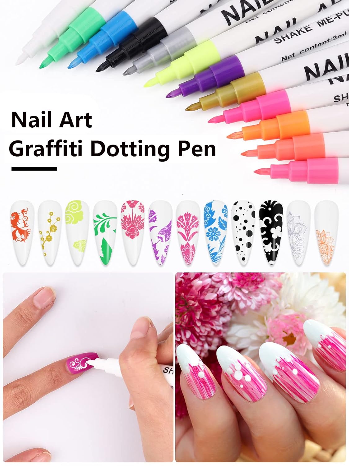12 Color 3D Nail Art Pens Set, Kalolary Nail Point Graffiti Dotting Pen Drawing Painting Liner Brush for DIY Nail Art Beauty Adorn Manicure Tools