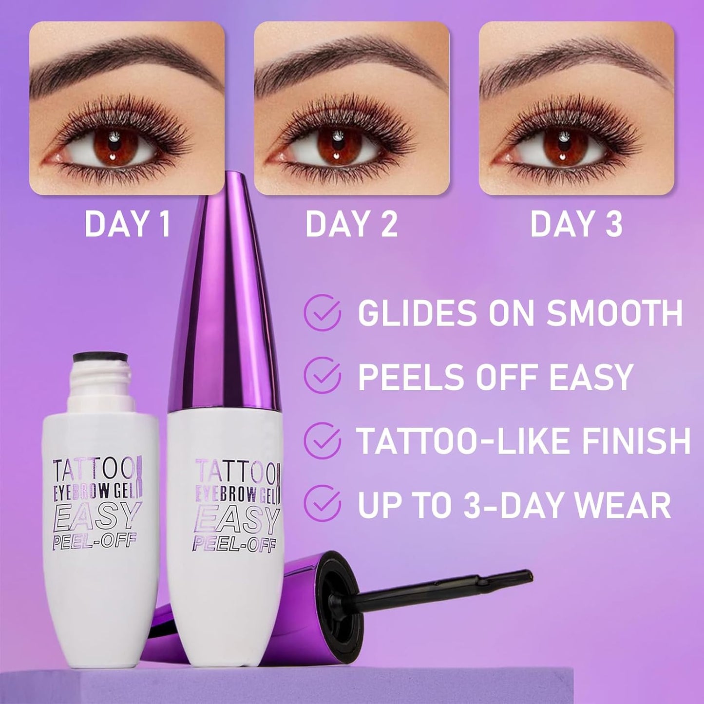 Tattoo Eyebrow Gel Easy Peel Off, Waterproof & Long Lasting Up to 3 Days, Semi-Permanent Peel Off Brow Tint Gel for Sparse Brows, Transfer-proof, Natural Color for Fuller Defined Brows (Gray Brown)