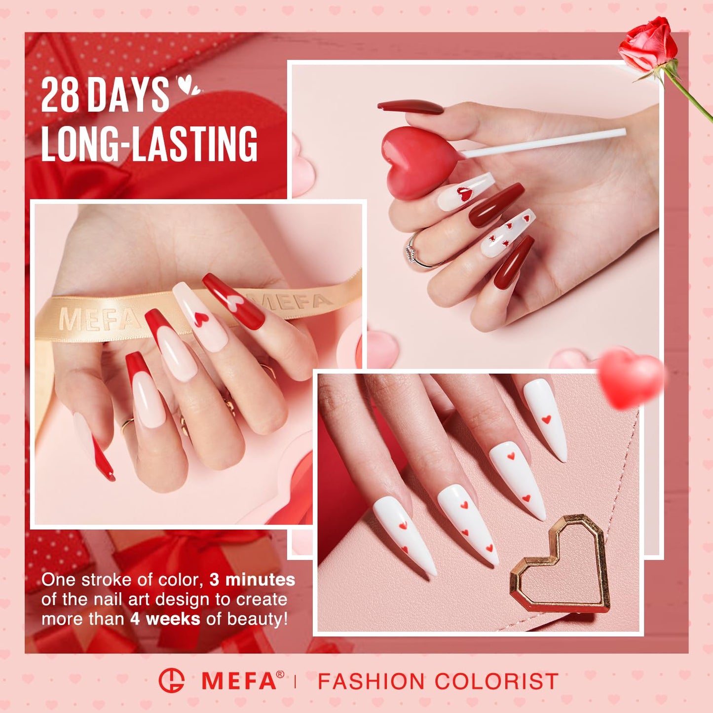 MEFA 6 Colors Red Gel Nail Polish Set, Fall Winter Christmas Glitter Shades Sparkle Silver Champagne Love Times Tones Salon Decorations Nail Art Design at Home Manicure DIY Kit Gifts for Women Girl