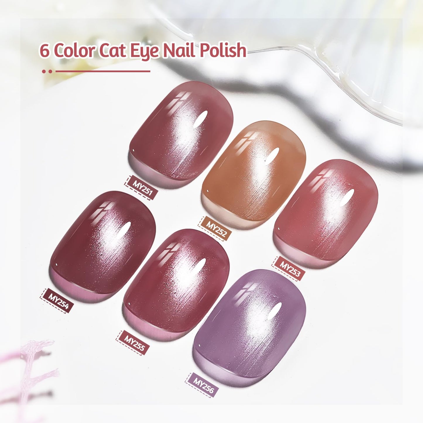 6 Colors 10ml Soft Mist Peach Gold Cat Eye Nail Polish with Magnet Stick Quick Dry Nail Polish for Women Salon DIY Nail Art