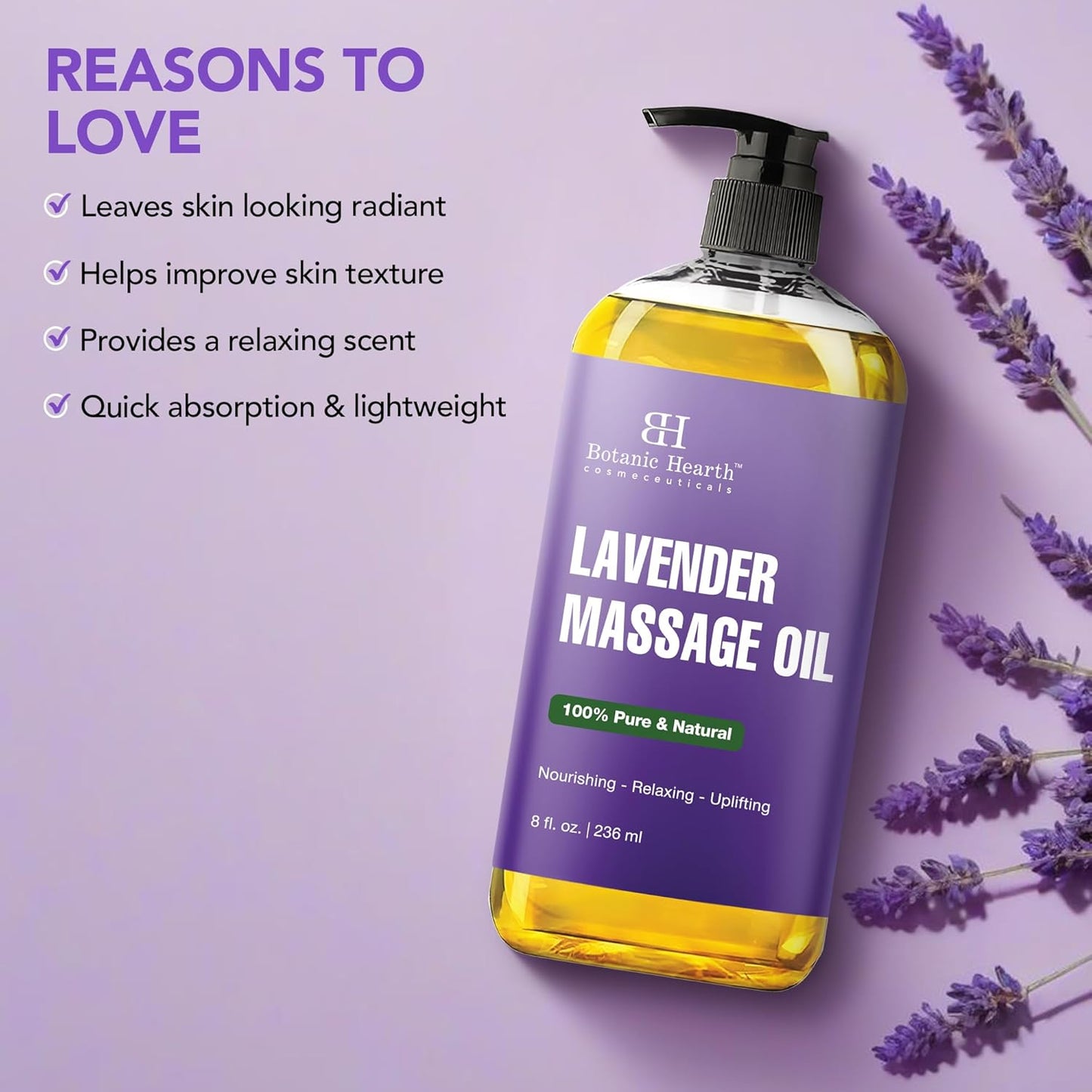 Lavender Massage Oil with Pure Lavender Oil (8 Fl Oz) Skin Tightening Massage Oil for Massage Therapy and Instant Absorption for Bum Thighs and Belly by Botanic Hearth