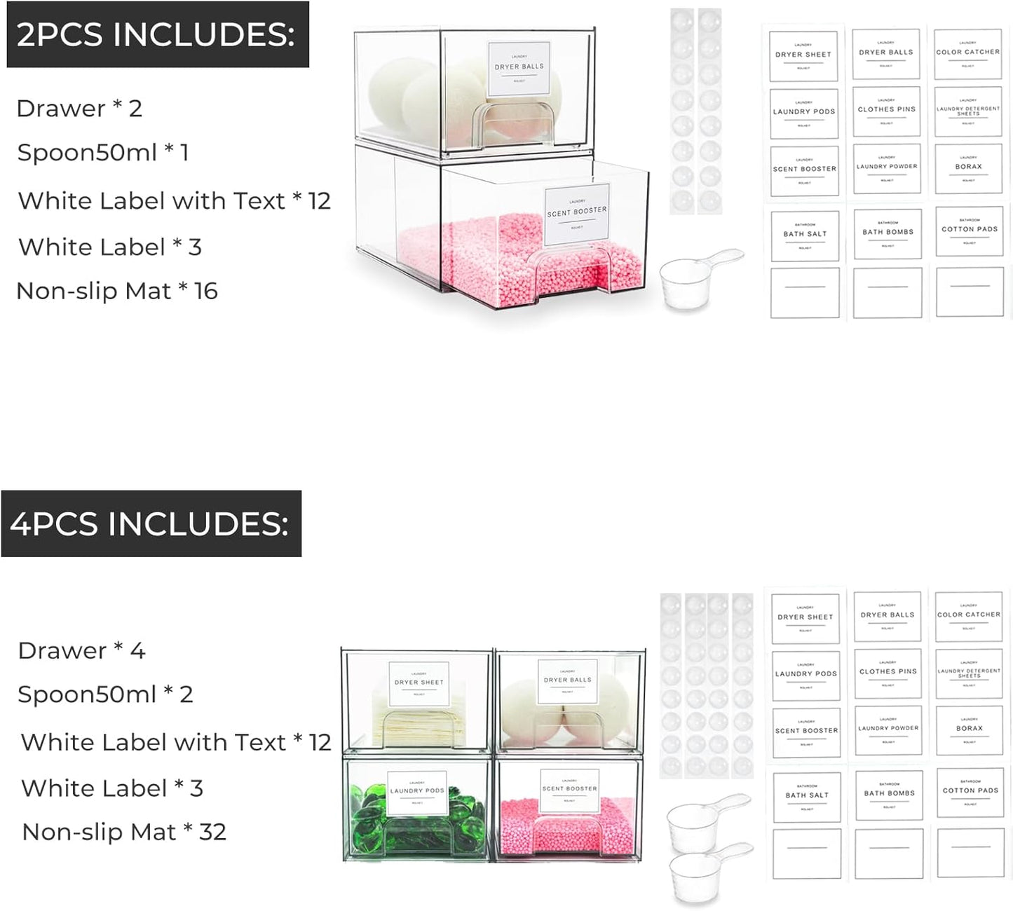 4 Pack Laundry Room Organization Storage Drawers with Labels, Clear Stackable Dryer Sheet Holder and Pod Containers, Detergent Dispenser for Laundry Room Organizing and Decor