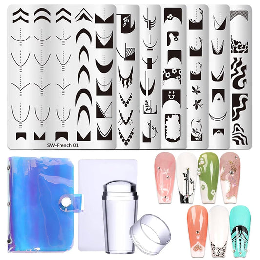 French Tip Nail Stamping Plate- 10 pcs Nail Stamper Kit Silicone Nail Stamper French Nail Stamp with Nail Art Stamps Storage Bag Nail Stamp Template Nail Supplies for Salon DIY