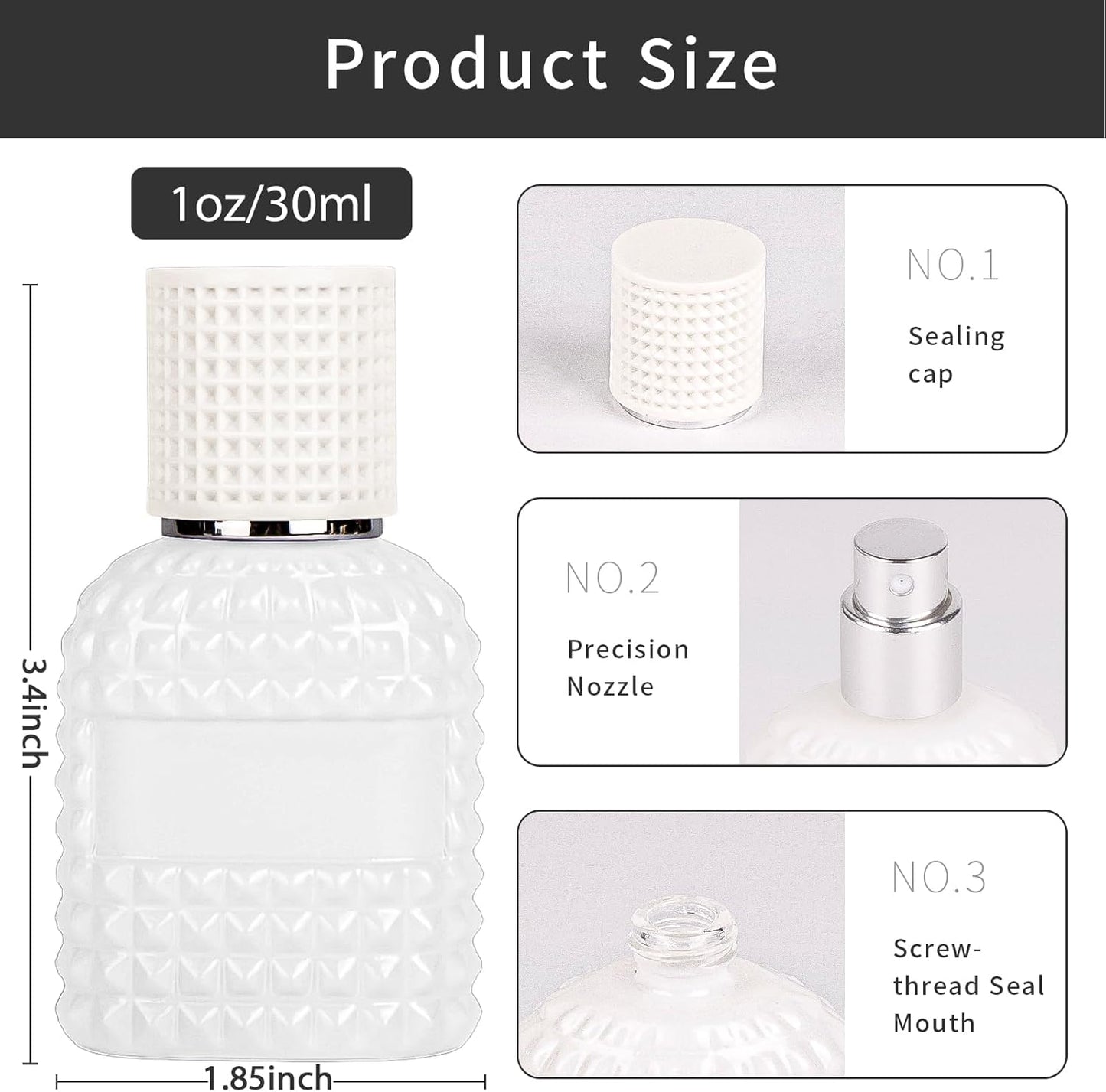 2 Pack 30ml Perfume Spray Bottles Empty, Refillable Glass Fine Mist Atomizer, Portable Travel Perfume Atomizers Fragrance Containers Sprayer for Cleaning, Essential Oils, Liquids (White)