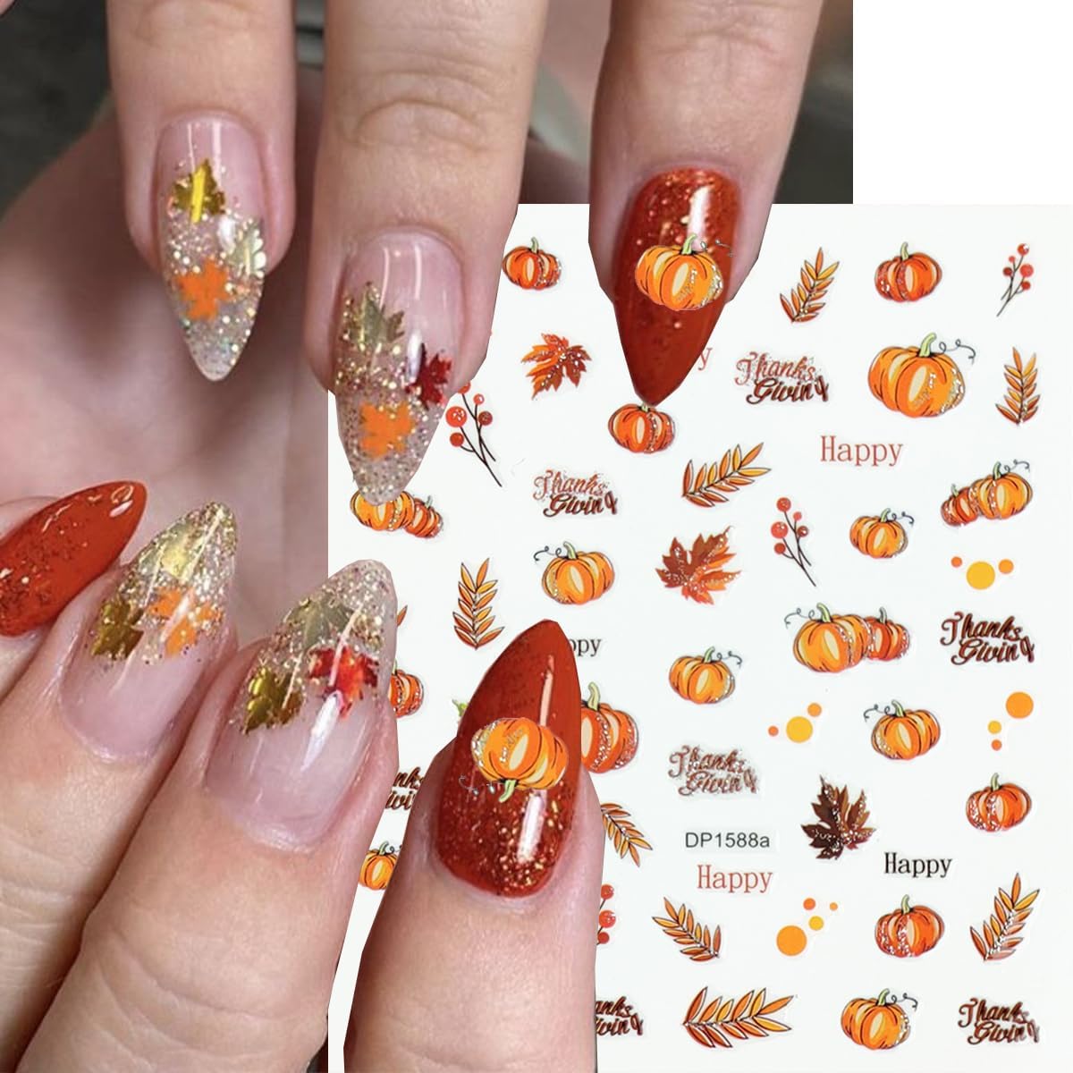 Autumn Nail Stickers Pumpkin Nail Art Stickers Fruit Nail Decals Fallen Leaves Maple Leaf Pear Grapes Hat Design Orange Thanksgiving Sticker for Nails DIY Manicure Decoration for Women 6 Sheet