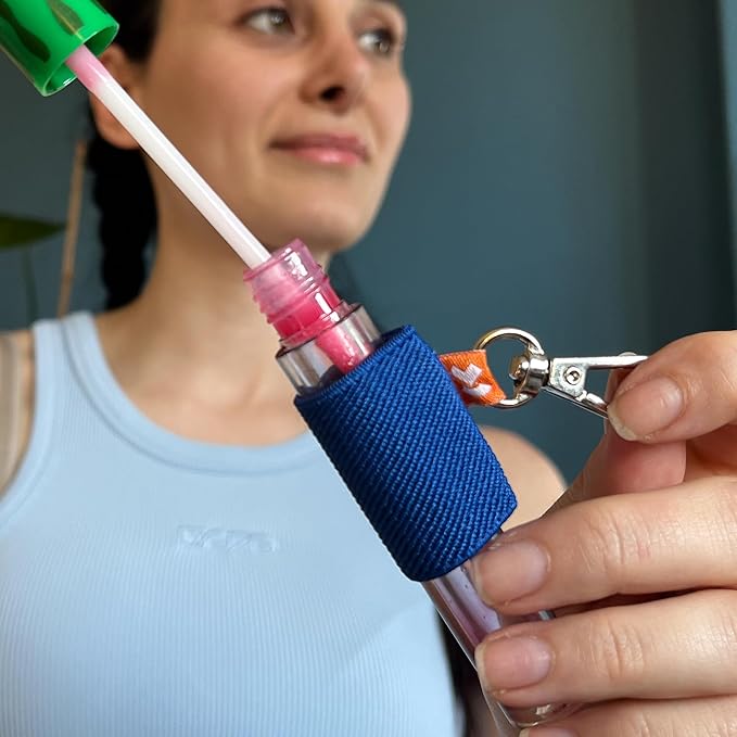 LipBalm Holder with Keychain, Lipstick Holder Keychain, Lip Gloss Holder Keychain, Never Lose Your Lip Balm, Lip Gloss or Lipstick with Cute Elastic Lip Balm Keychain Holder (Blue)