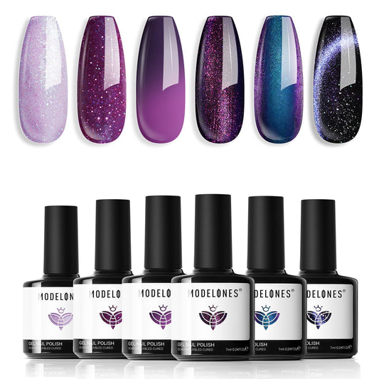 modelones Gel Nail Polish Set, 6 Colors Fall Winter Purple-Red/Black/Blue Sparkle Chameleon Glitter Gel Polish Purple-Black Color Changing 9D Cat Eye Nail Polish With Magnet LED Nail Art DIY Gift