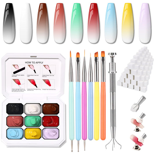 Sponge Pat Paint Nail Gel & Tools Kit, 9 Colors Ombre Nails Gradient Gel Nail Blush Blooming Aura Nails Drawing Stripper Floral Painting Nail Art, No Wipe, UV/LED Curing (9 Colors Set C)