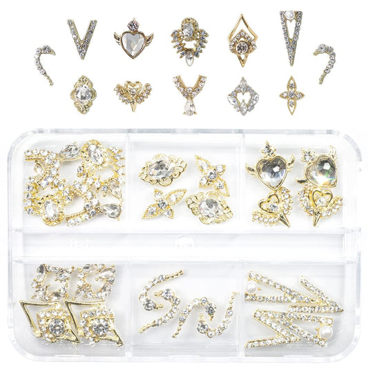 12 Pair 3D Alloy Gold Nail Art Rhinestones - Heart Shaped Nail Charms, Golden Nail Crystal Diamonds Jewelry Stones Studs for Nails Decor Crafts