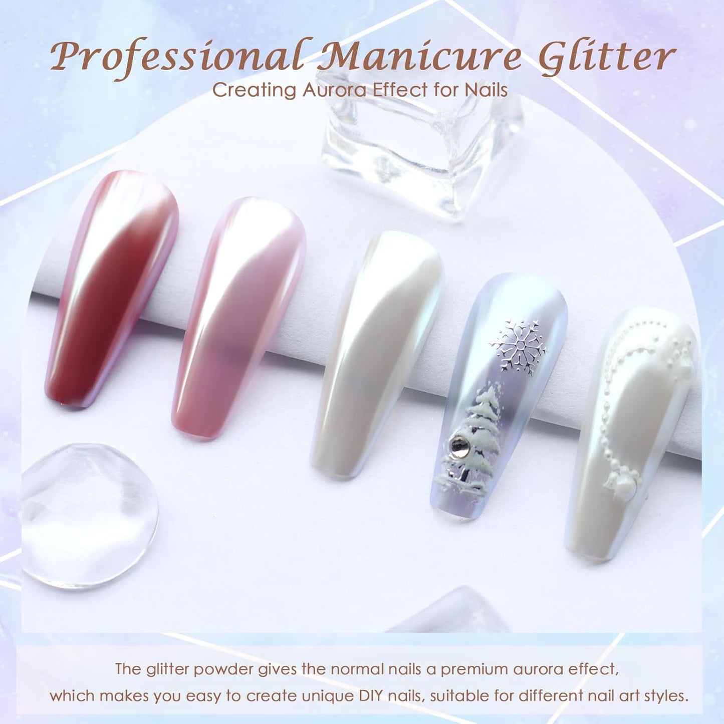 Laza White Chrome Powder Glazed Donut Metallic Effect Pigment Shimmer Mica Iridescent Aurora Glitter Fairy Dust Gel Nail Art Supplies for Techs - Pearlescent White