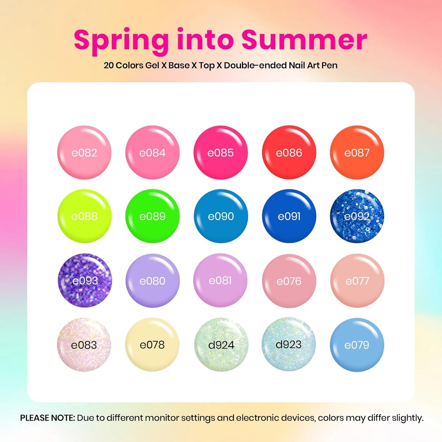 Beetles Summer Gel Nail Polish Set - 20 Color Neon Bright Colors Red Hot Pink Glitter Gel Polish Kit with Base Top Coat Soak Off Uv Led Nail Gifts for Women