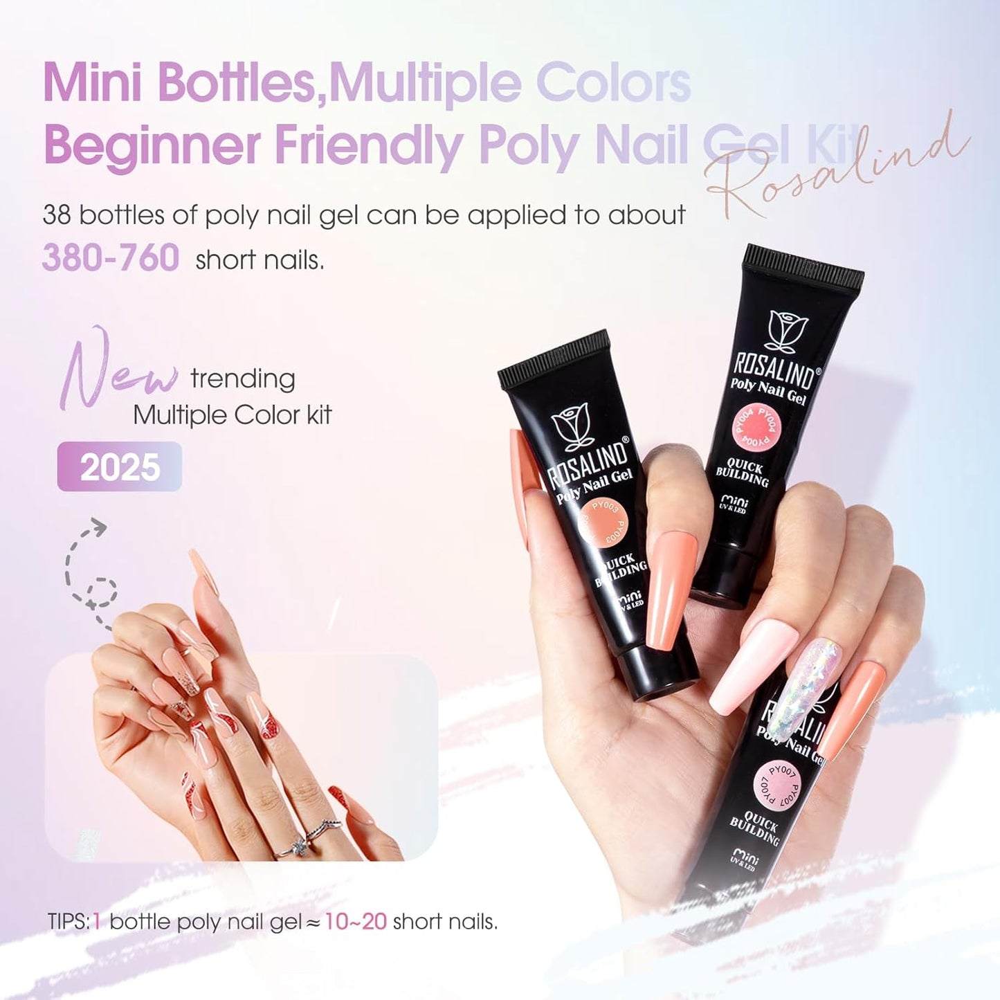 ROSALIND 38 Colors Color Poly Nail Gel Colors Kit with Mini Nail Lamp Clear Neon Poly Nail Gel Starter Kit for Beginners Halloween All Seasons Classic Colors with Everything