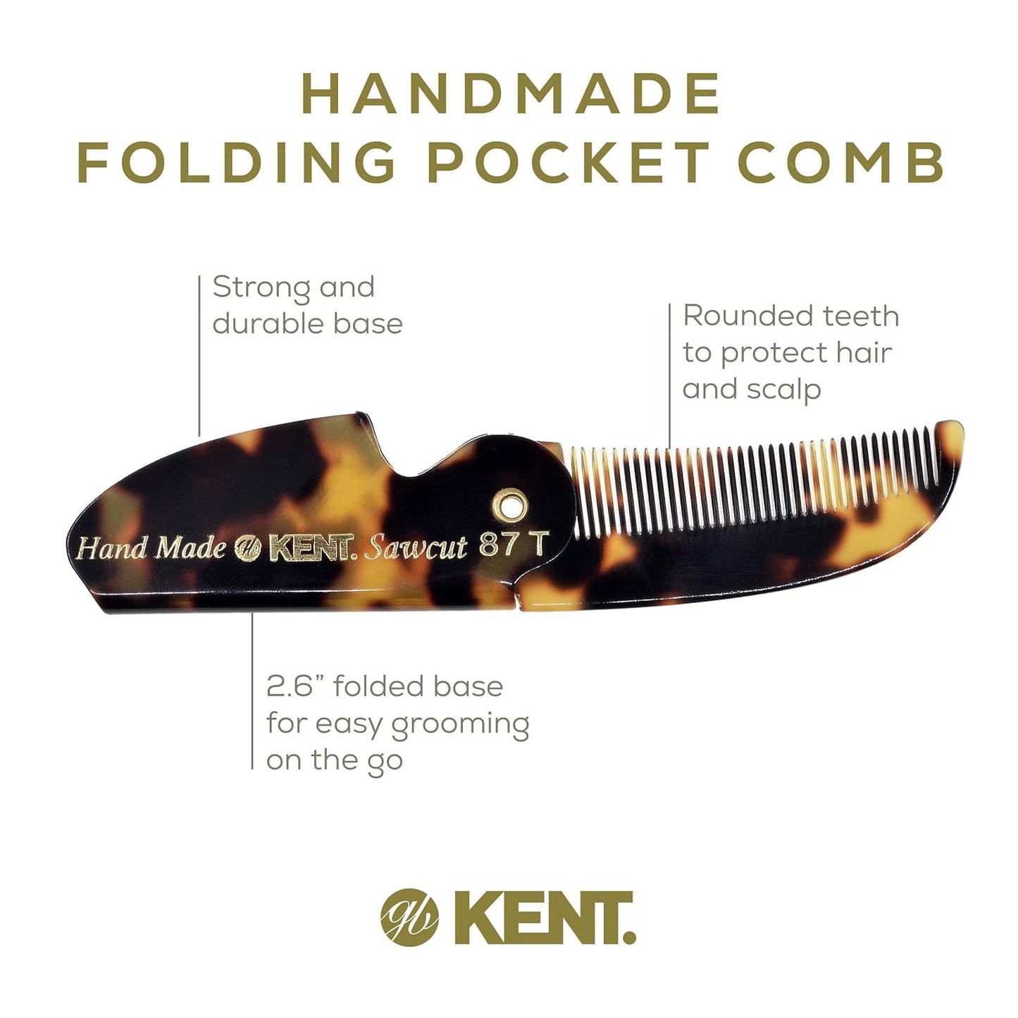 Kent 87T TY Handmade Folding Pocket Comb for Men, Fine Tooth Hair Comb Straightener for Everyday Grooming Styling Hair, Beard or Mustache, Use Dry or with Balms, Saw Cut Hand Polished, Made in England