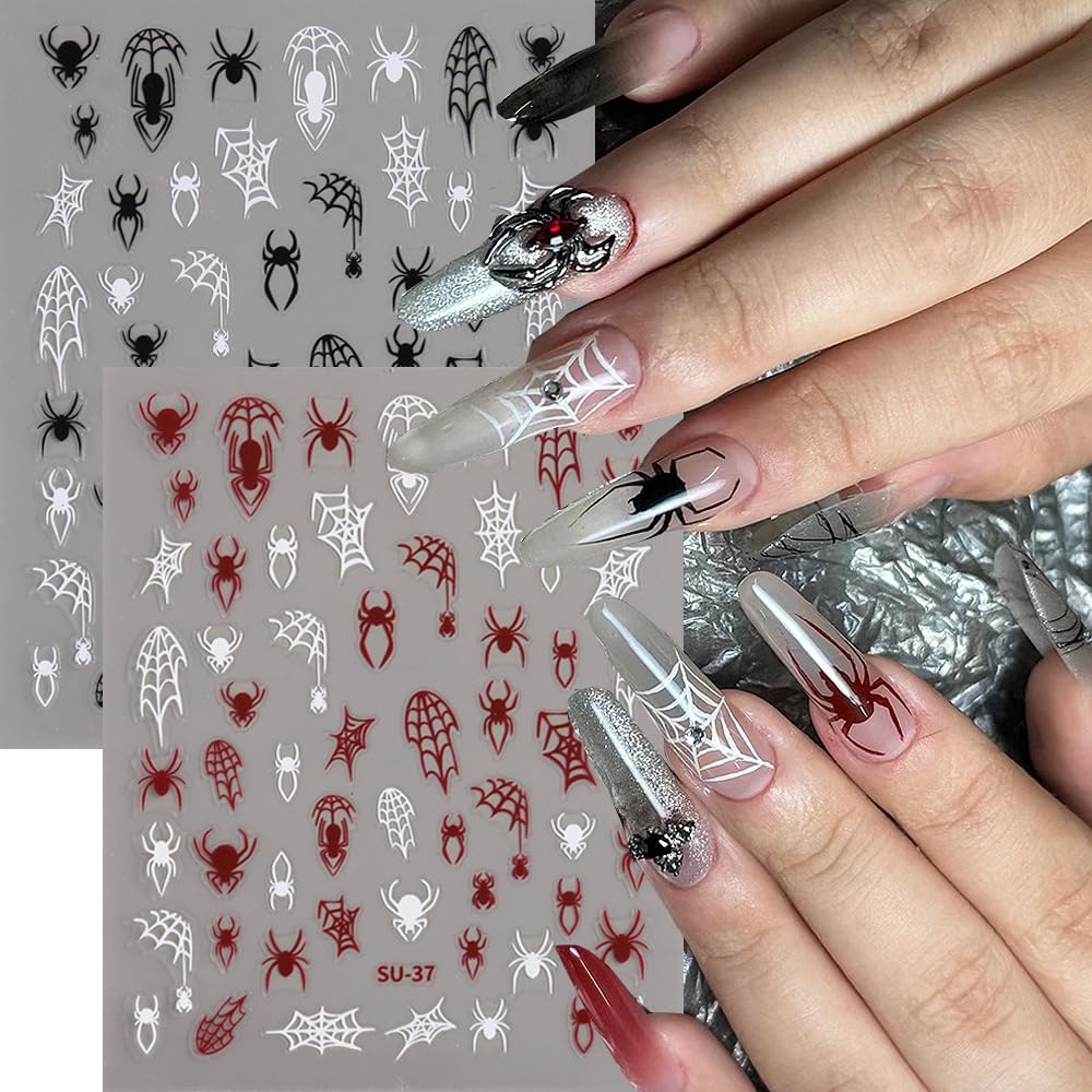 Halloween Nails Stickers Black Spider Nails Sticker 3D Embossed White Web Self Adhesive Sticker Nail Decals Black White Red Glitter Nail Art Decals Halloween Decals for Nail DIY Manicure 6Sheet