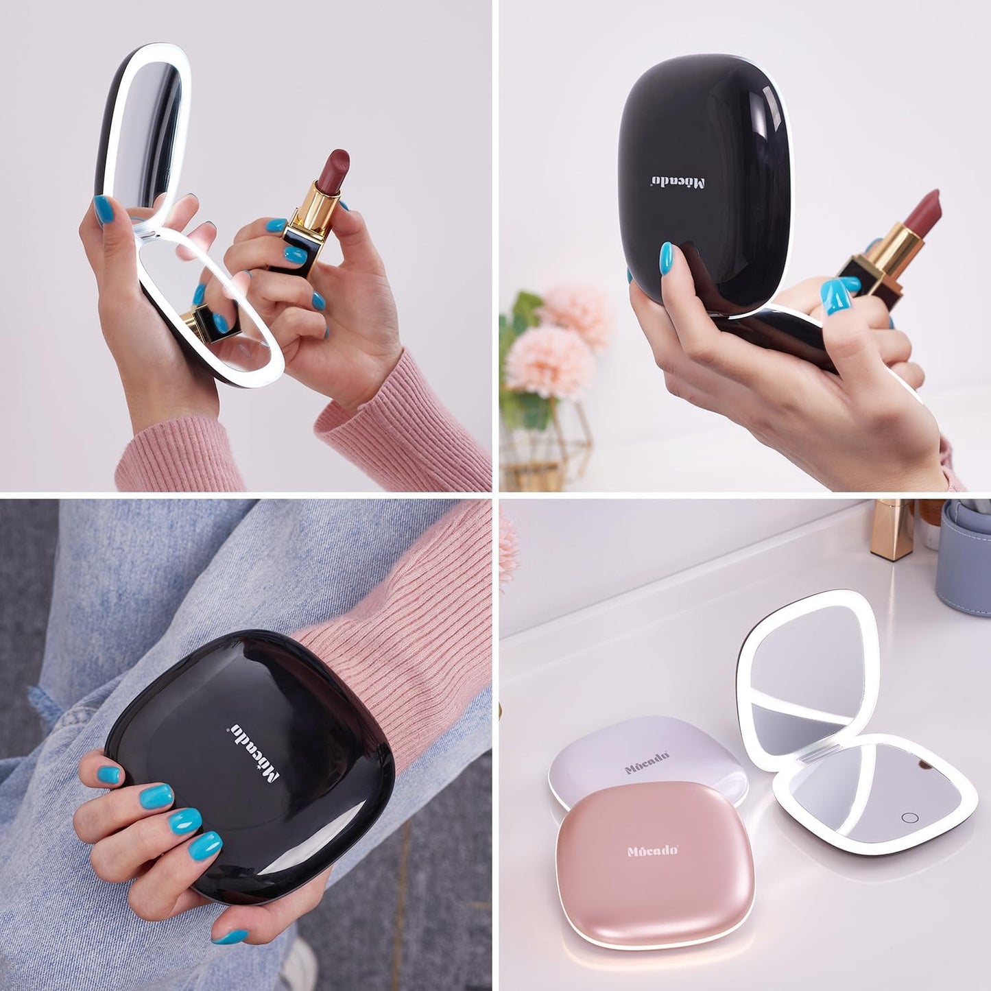 Compact LED Magnifying Travel Makeup-Mirror - 4 inches 1X/10X Magnification Small Hand Pocket Dimmable Double Sided USB Rechargeable Touch Screen, Portable Tabletop Cosmetic (Black)