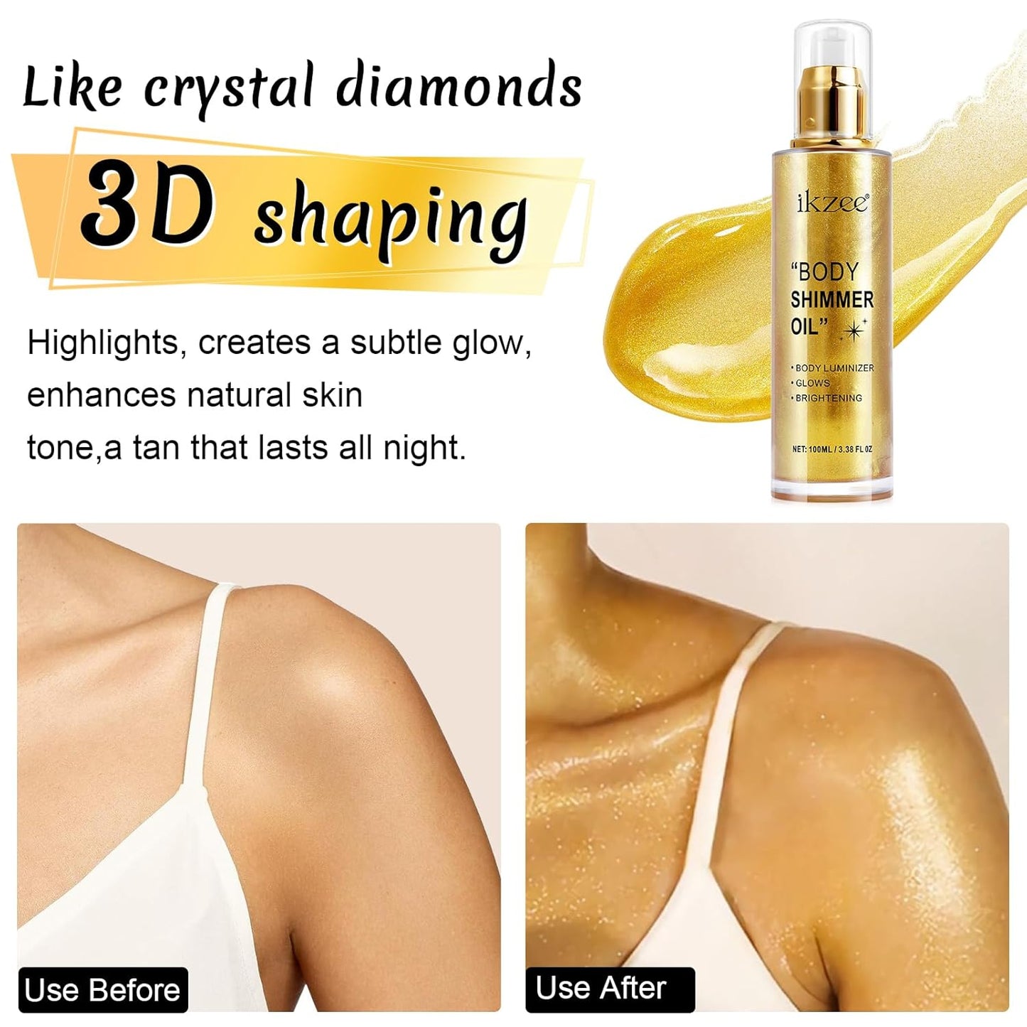 Body Shimmer Oil 100ml, Moisturizing Long Lasting Body Luminizer Face Brightener, Waterproof Liquid Illuminator, Shimmer Glow Highlighter Summer Glowing Tan Makeup (#02 Gold)